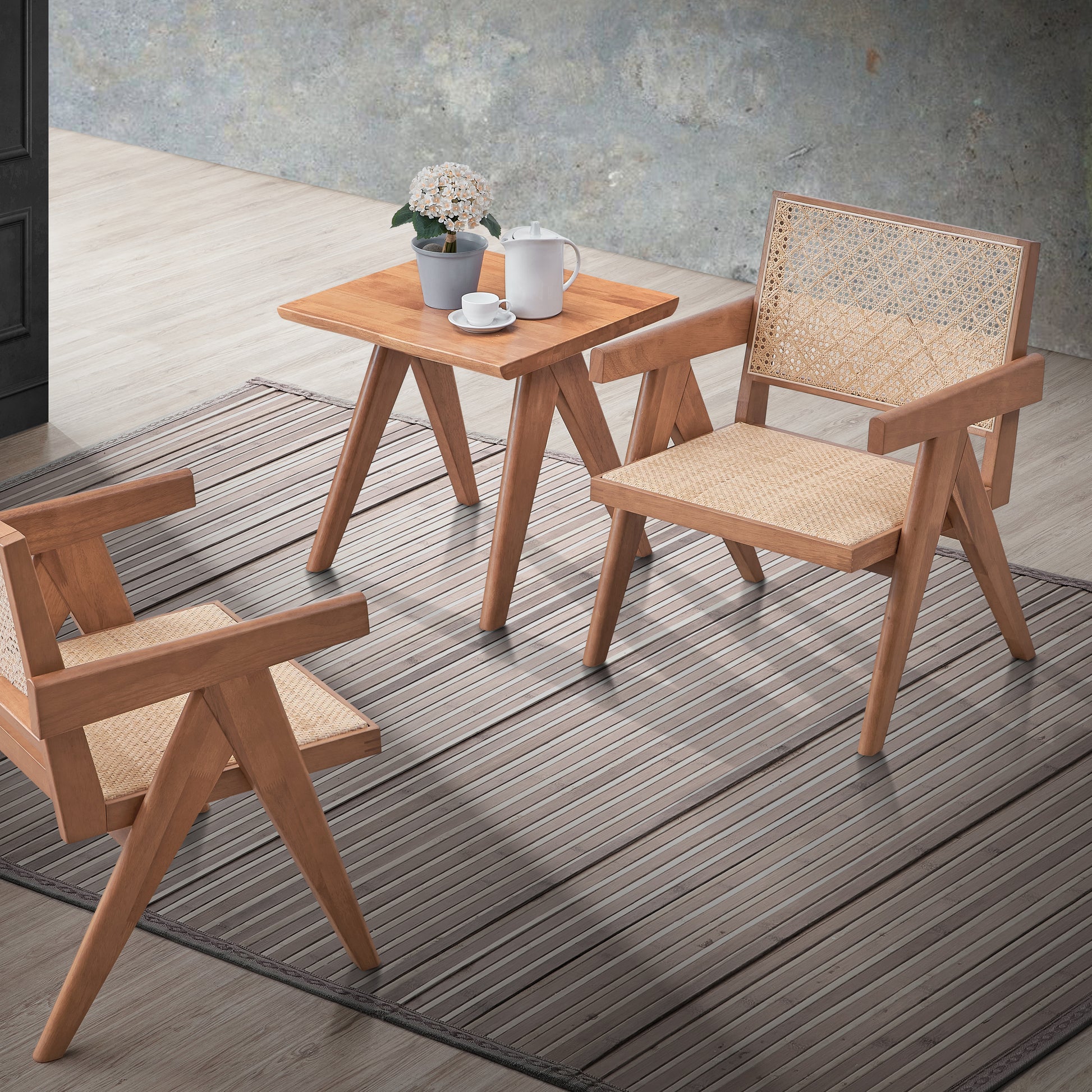 Natural wood armchair with woven cane seat and back midcentury modern accent chair