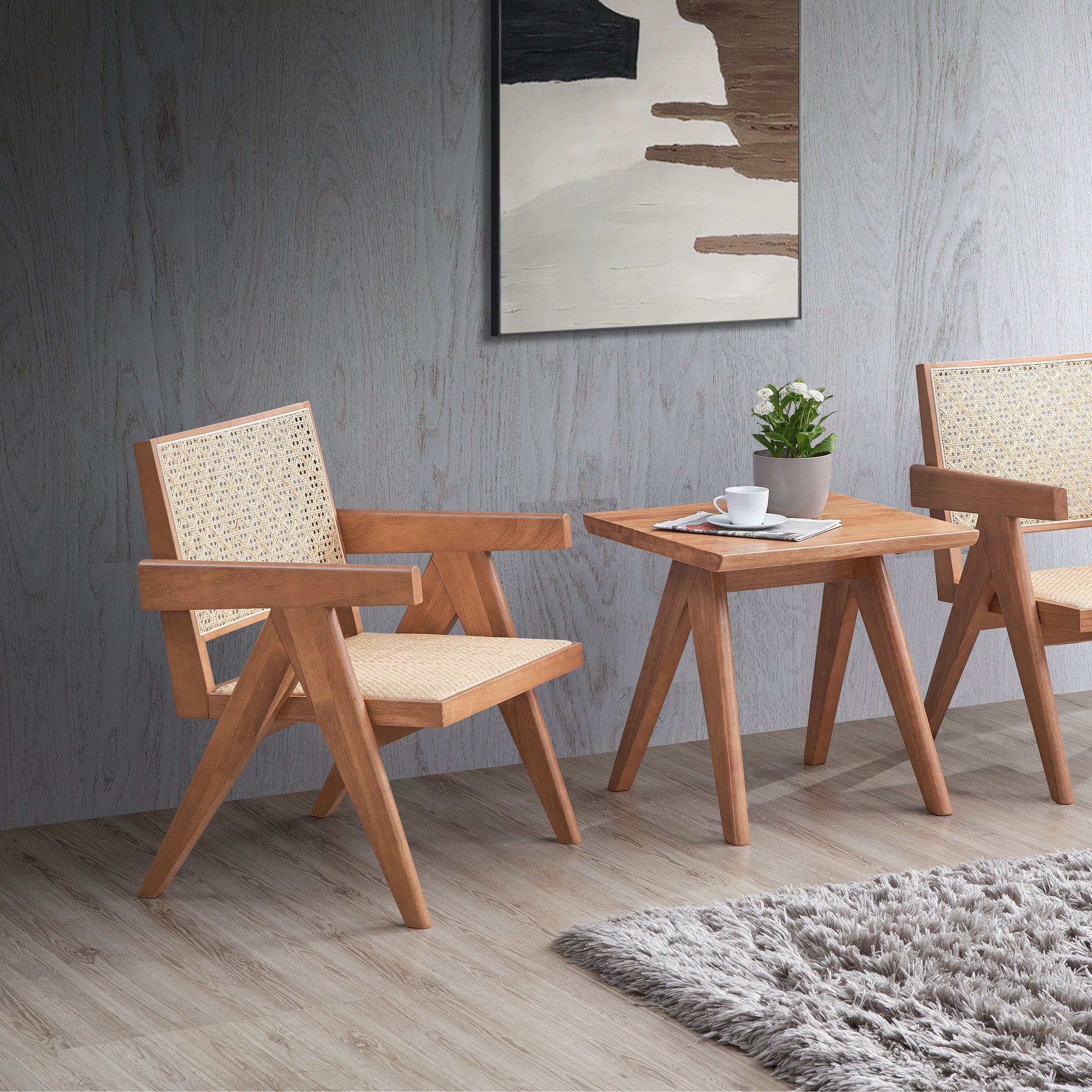 Natural wood armchair with woven rattan seat and back modern accent chair