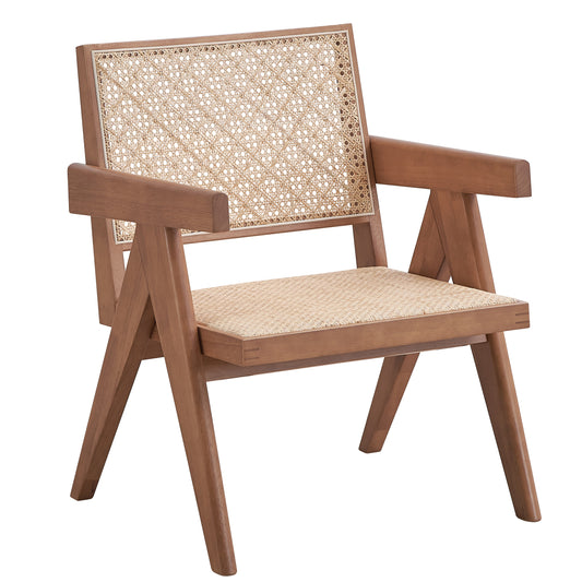 Wooden armchair with natural cane weave seat and backrest