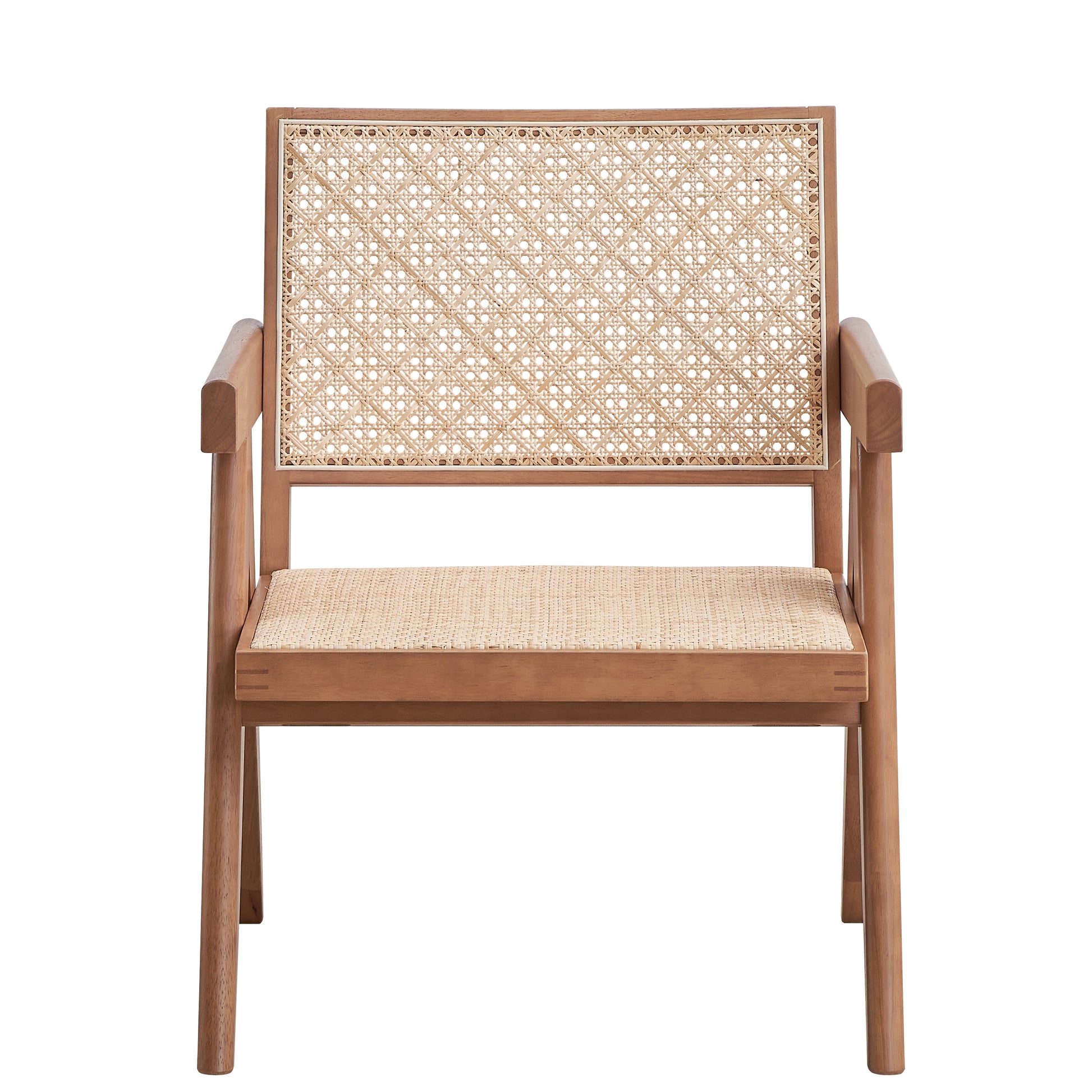 Wooden armchair with natural cane webbing seat and back midcentury modern design