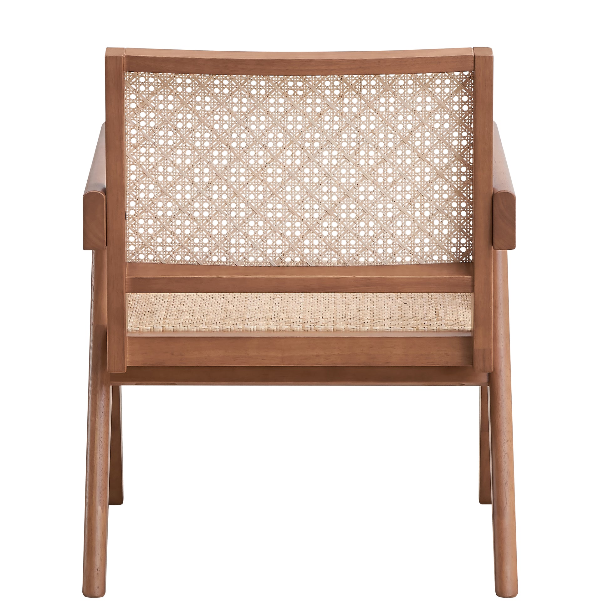 Brown wood armchair with woven cane back and seat classic design