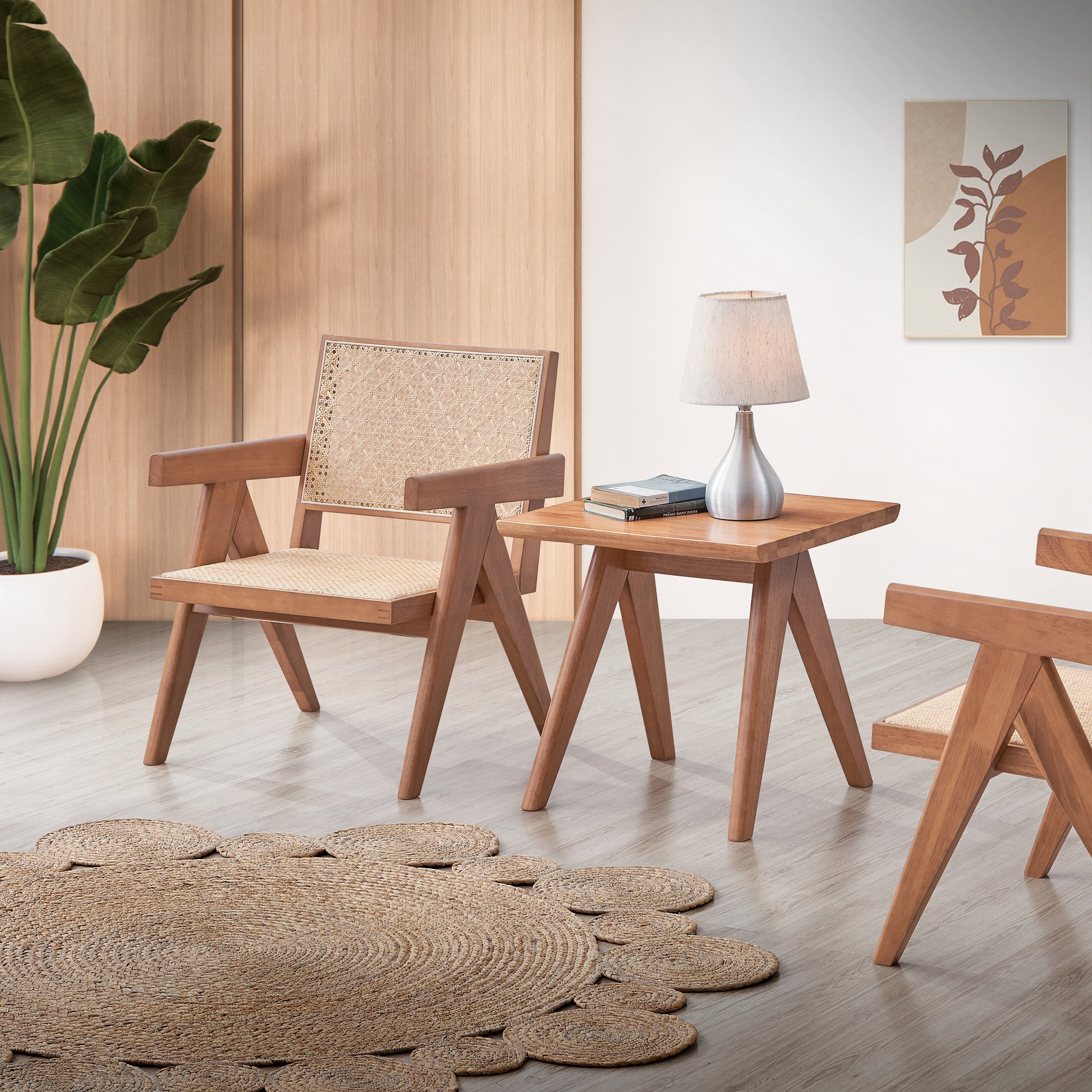 Midcentury modern armchair with woven cane seat and back crafted from warmtoned wood