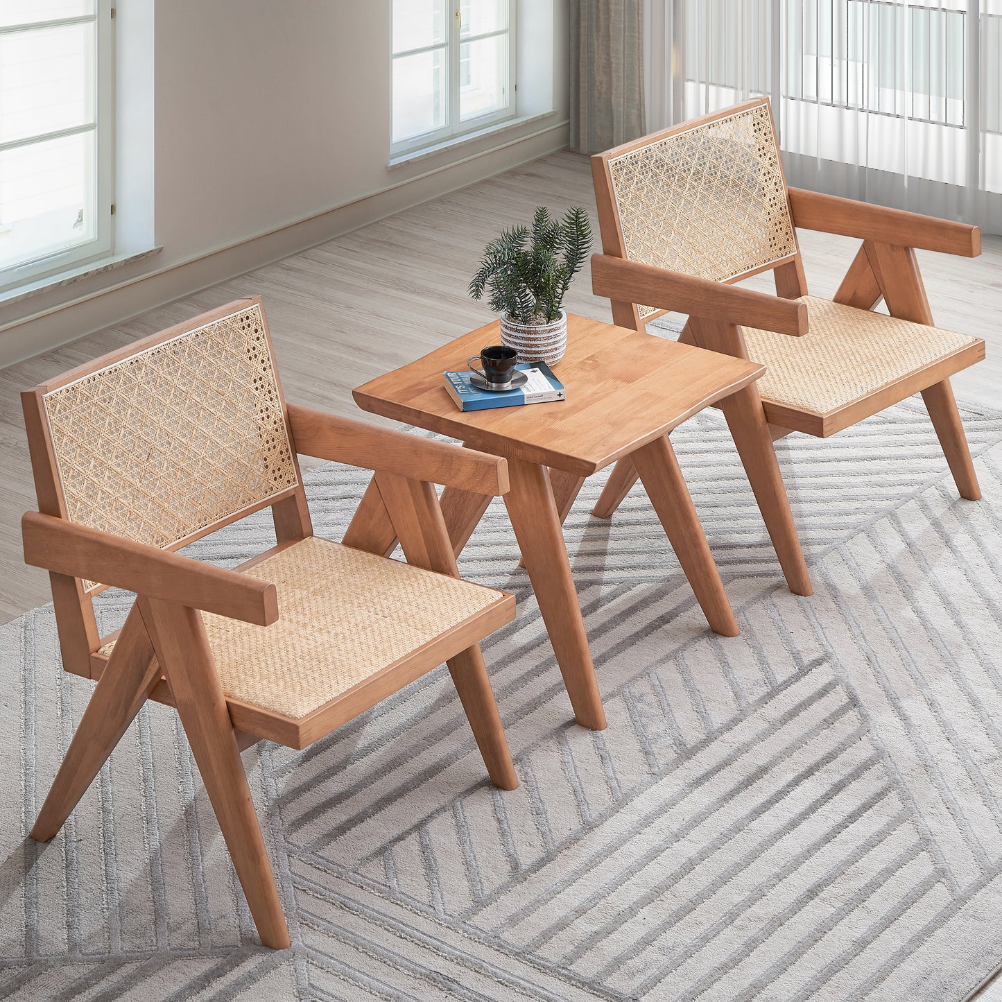 Natural wood armchair with woven cane seat and backrest midcentury modern style