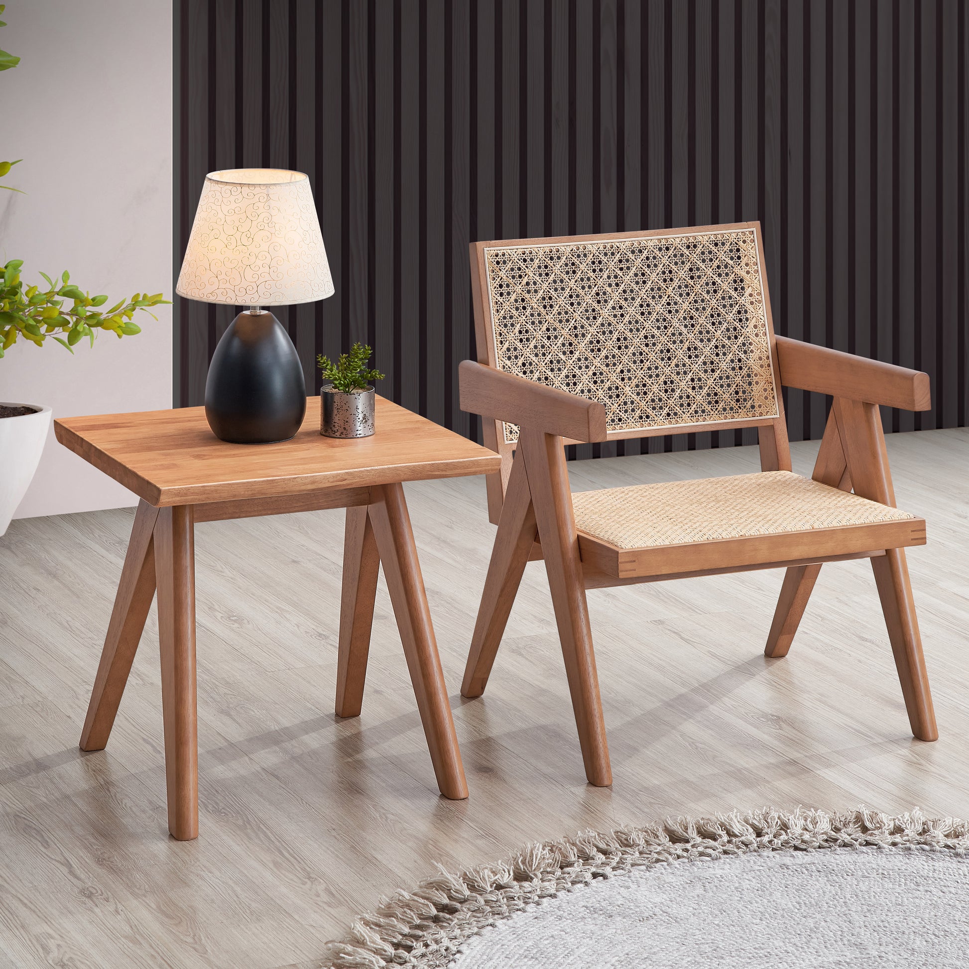 Natural wood accent chair with woven cane back and seat perfect for modern living rooms