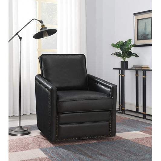 Black leather accent chair with studded trim and comfortable cushioning