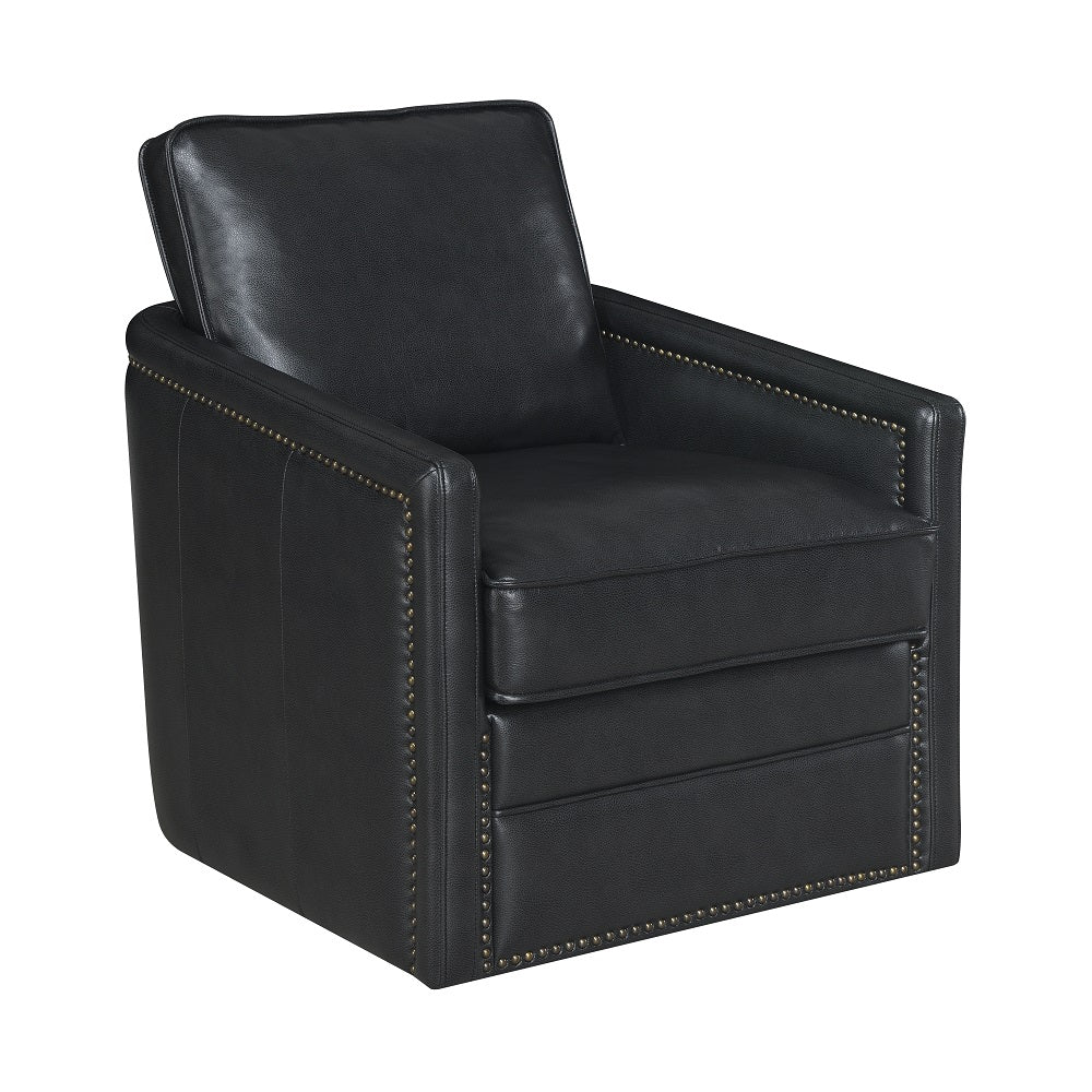 Black faux leather armchair with nailhead trim and plush cushioning