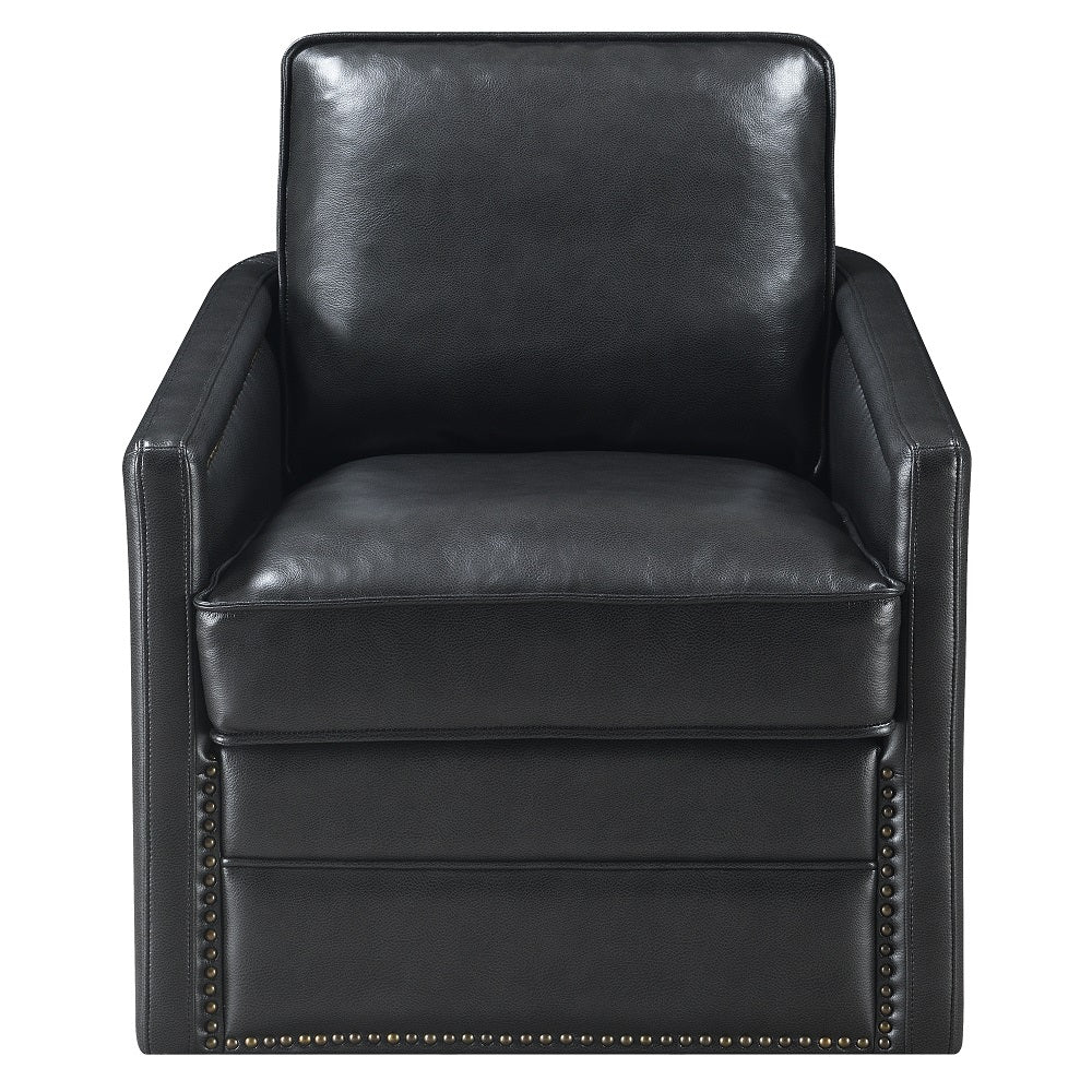 Black faux leather accent chair with cushioned seat and back and brass nailhead trim