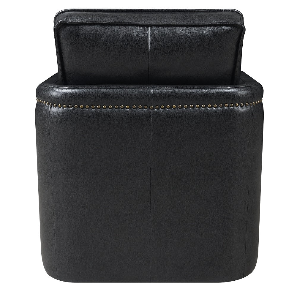 Black leather accent chair with decorative nailhead trim and plush cushion