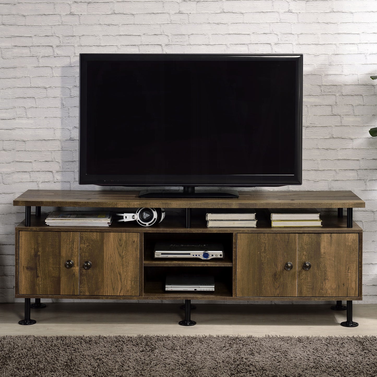 Rustic brown wood TV stand with black metal legs and ample storage space