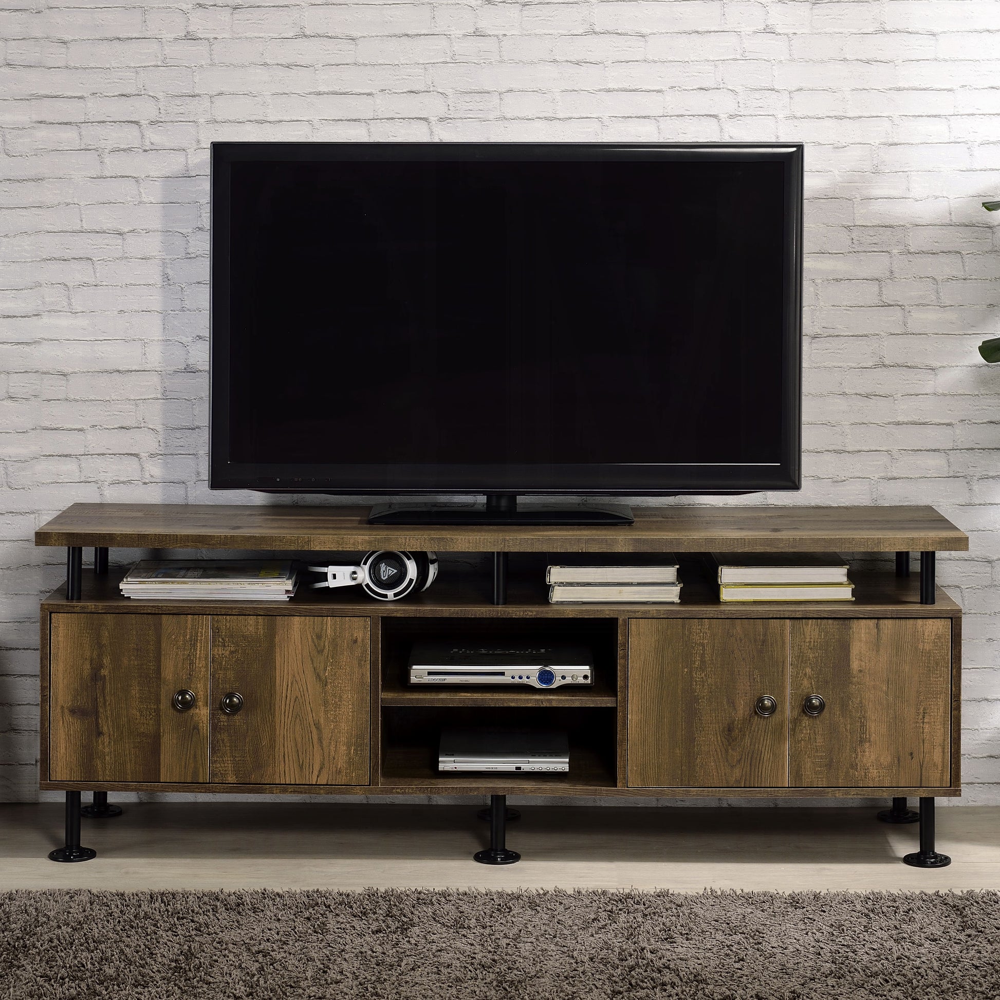 Rustic brown wood TV stand with black metal legs and ample storage space