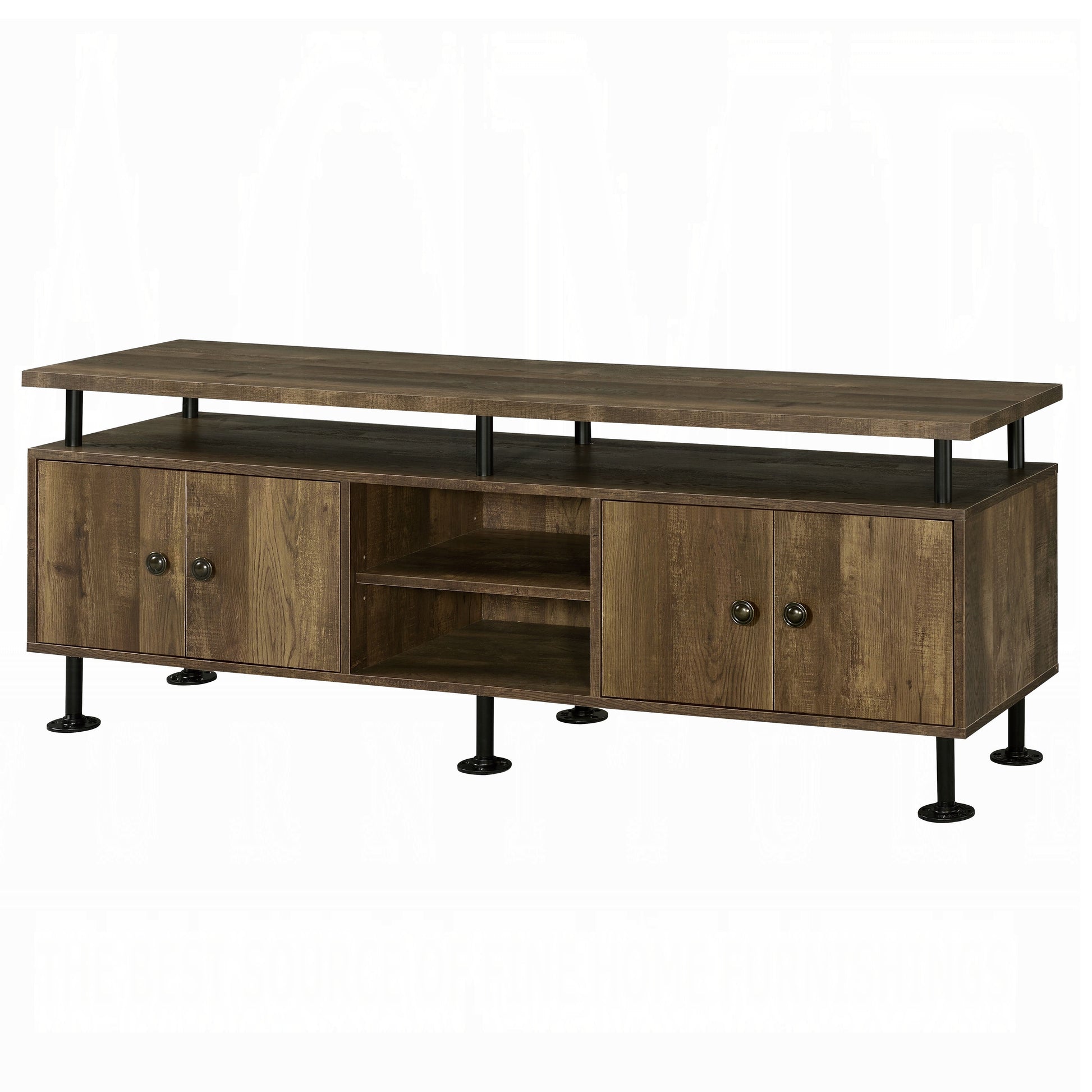 Brown wood TV stand with metal legs and two cabinet doors
