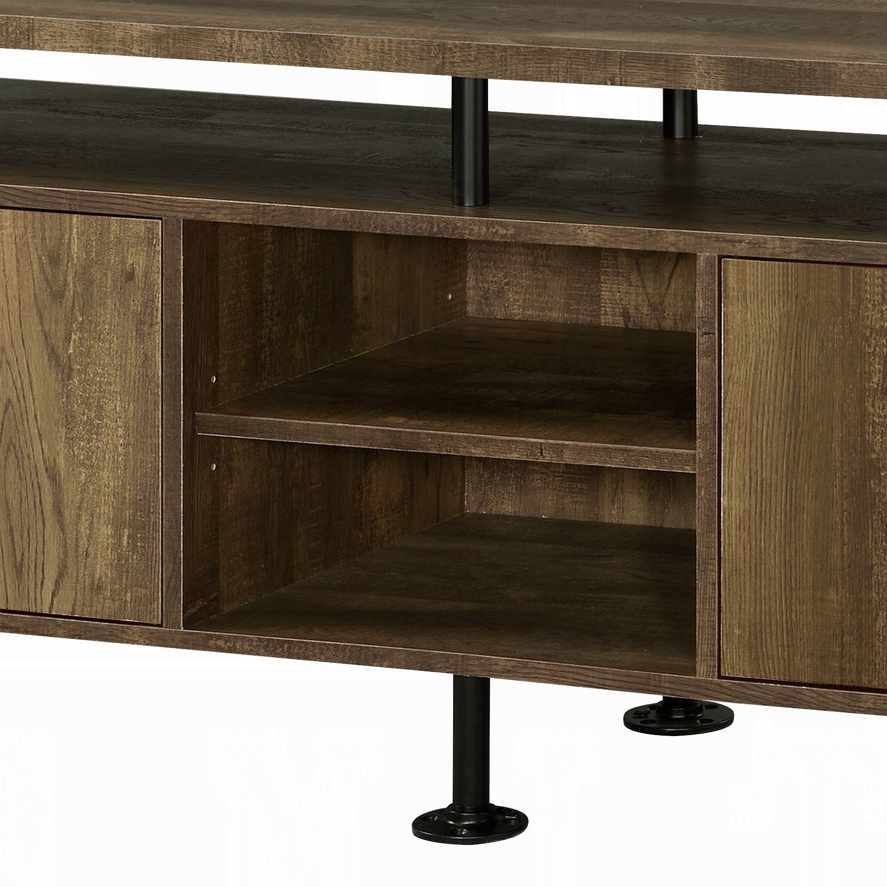 Rustic wood entertainment center with two cabinet doors and open shelving