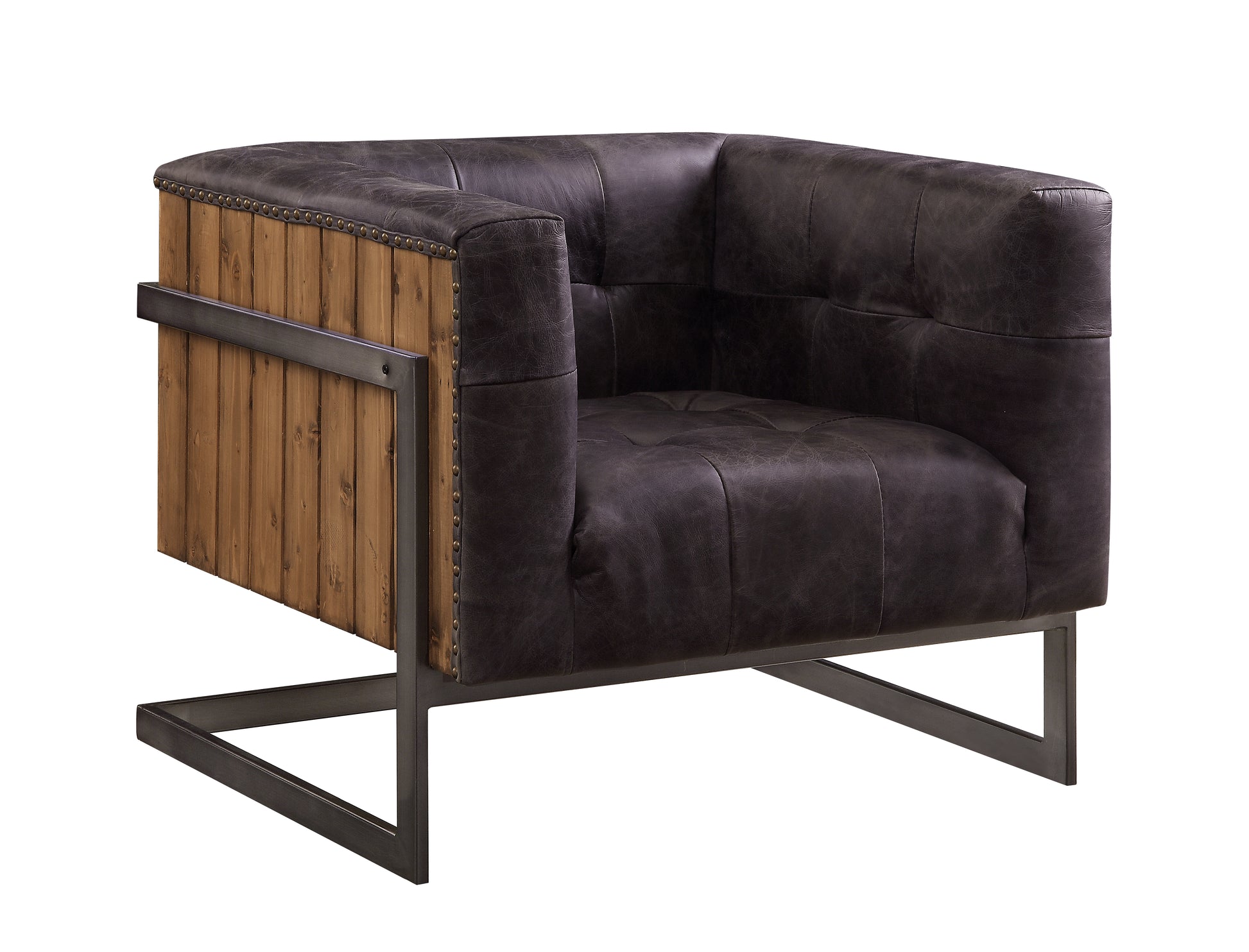 Distressed charcoal leather club chair with rustic wood paneling and metal frame