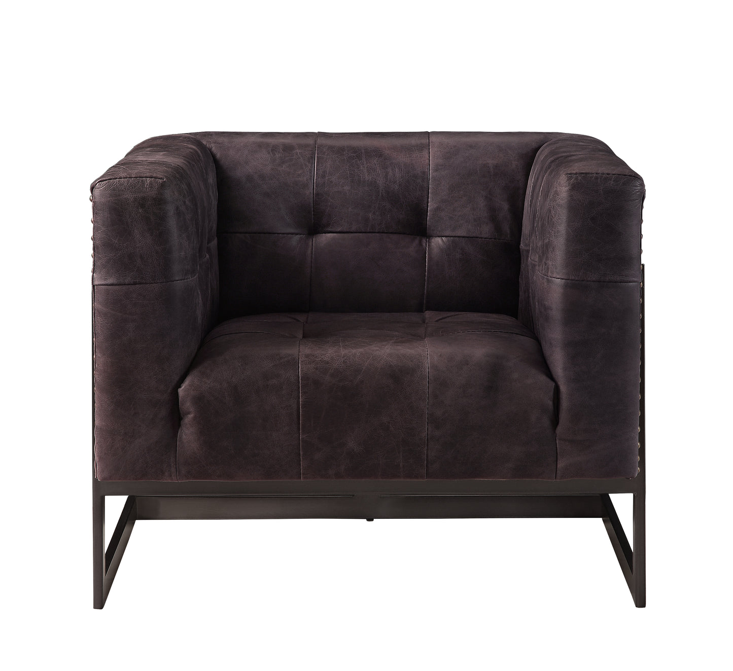 Dark brown tufted leather armchair with metal legs and stud details