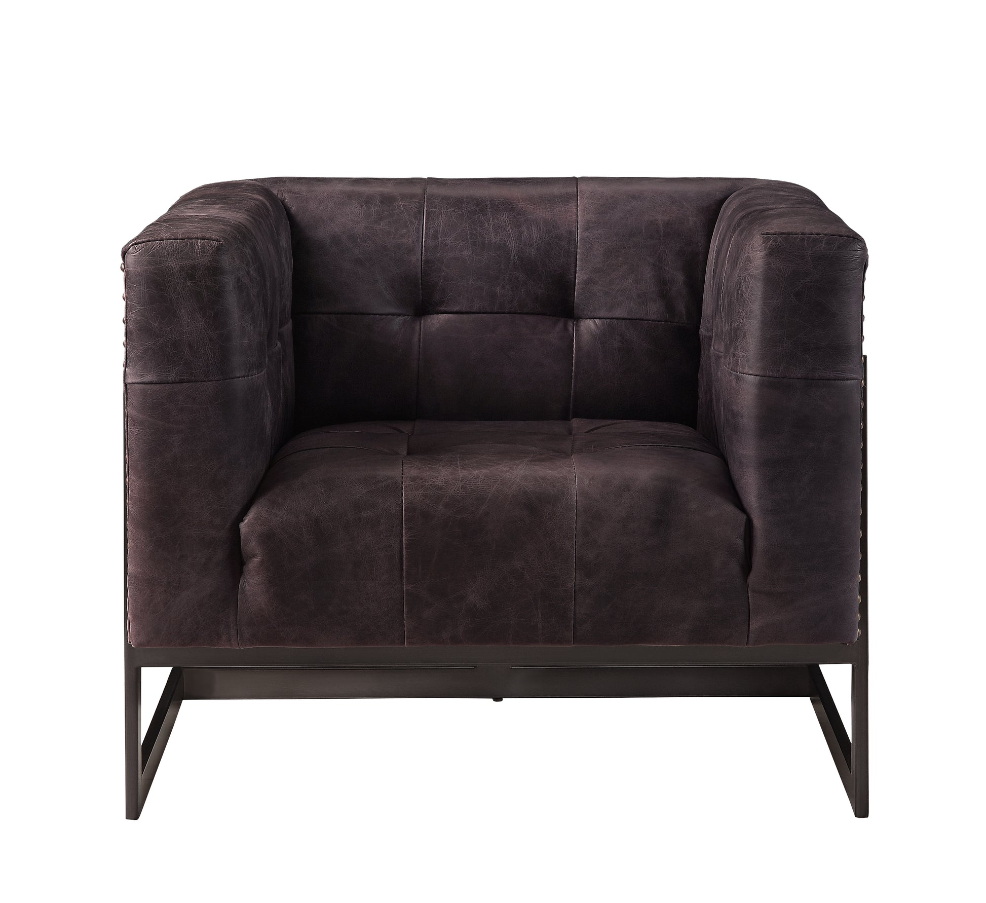 Dark brown tufted leather armchair with metal legs and stud details