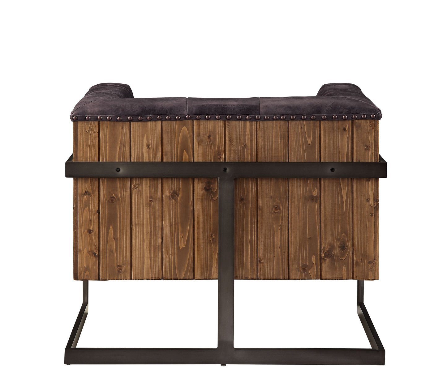 Rustic brown wood accent chair with dark tufted upholstery and metal base