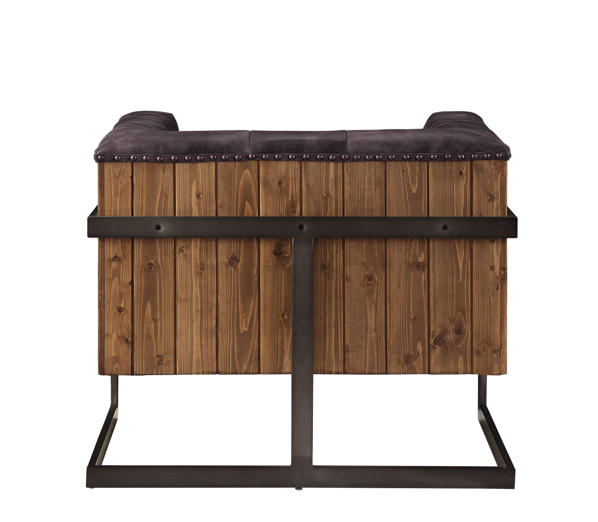 Rustic brown wood accent chair with dark tufted upholstery and metal base