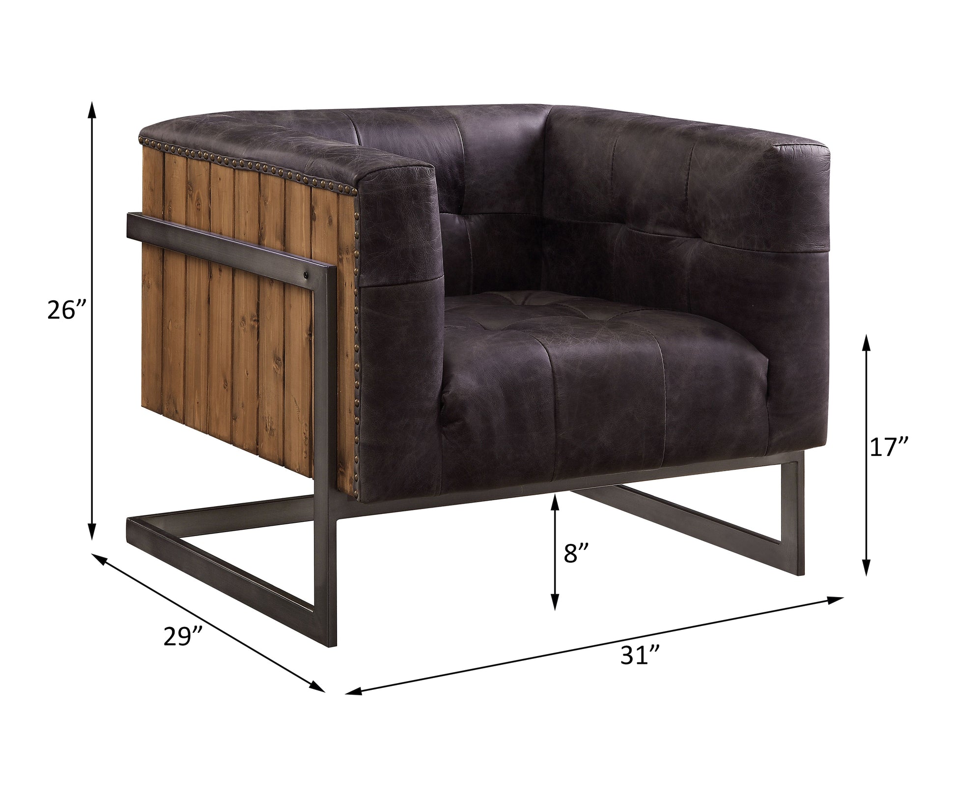 Distressed dark brown tufted leather armchair with rustic wood and metal accents