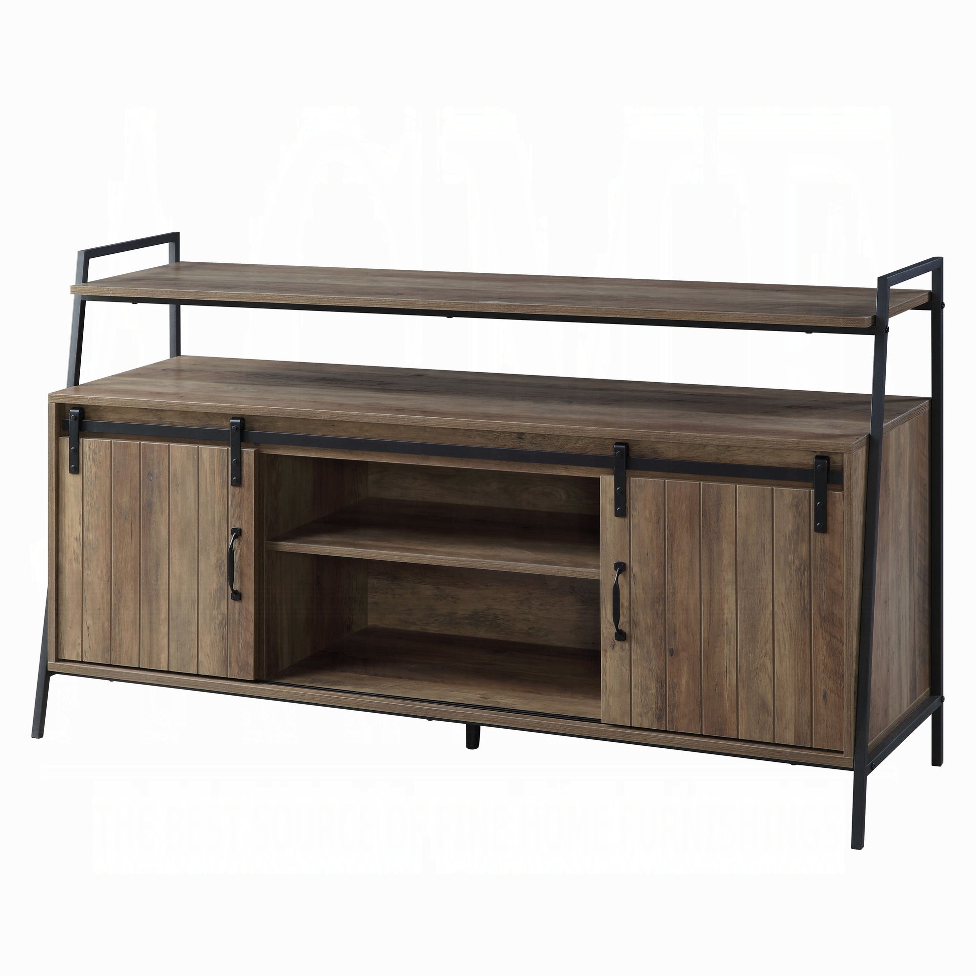 Rustic brown wood TV stand with black metal frame and sliding barn doors