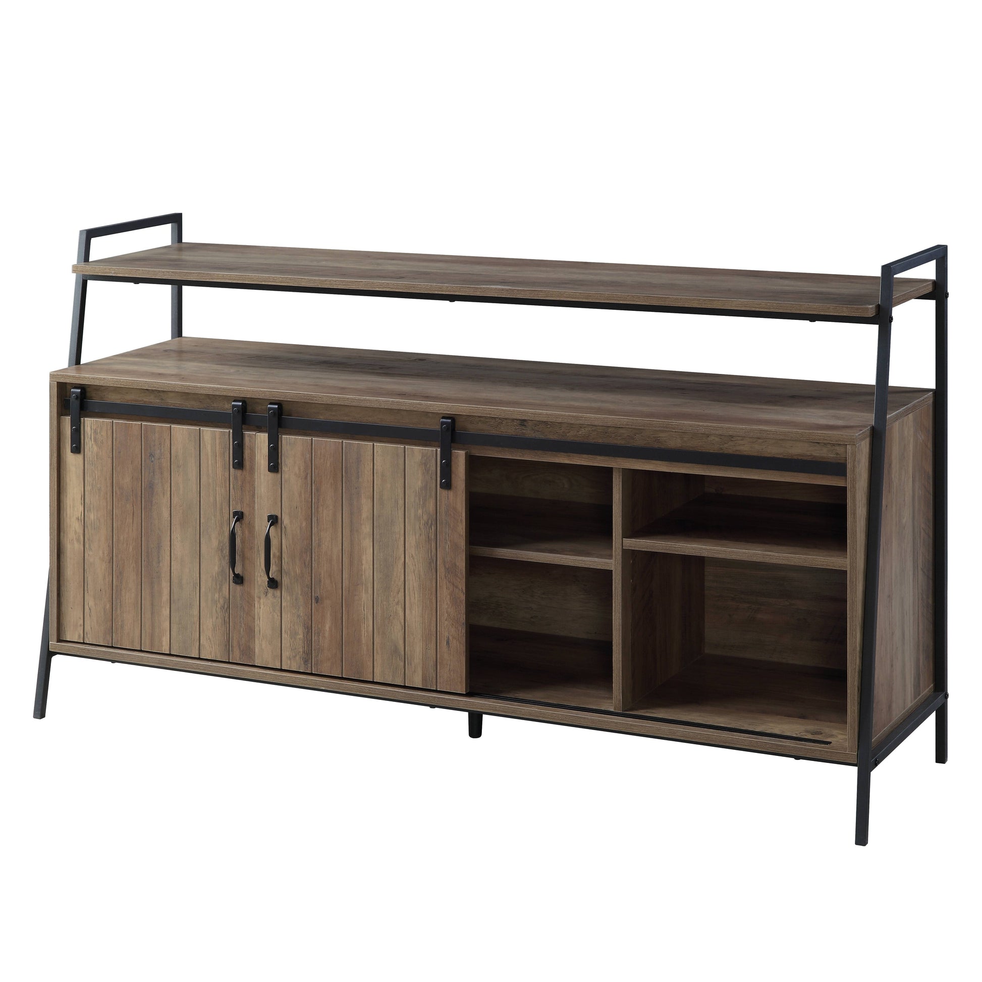 Rustic oak media console with sliding barn doors and open shelving perfect for living rooms
