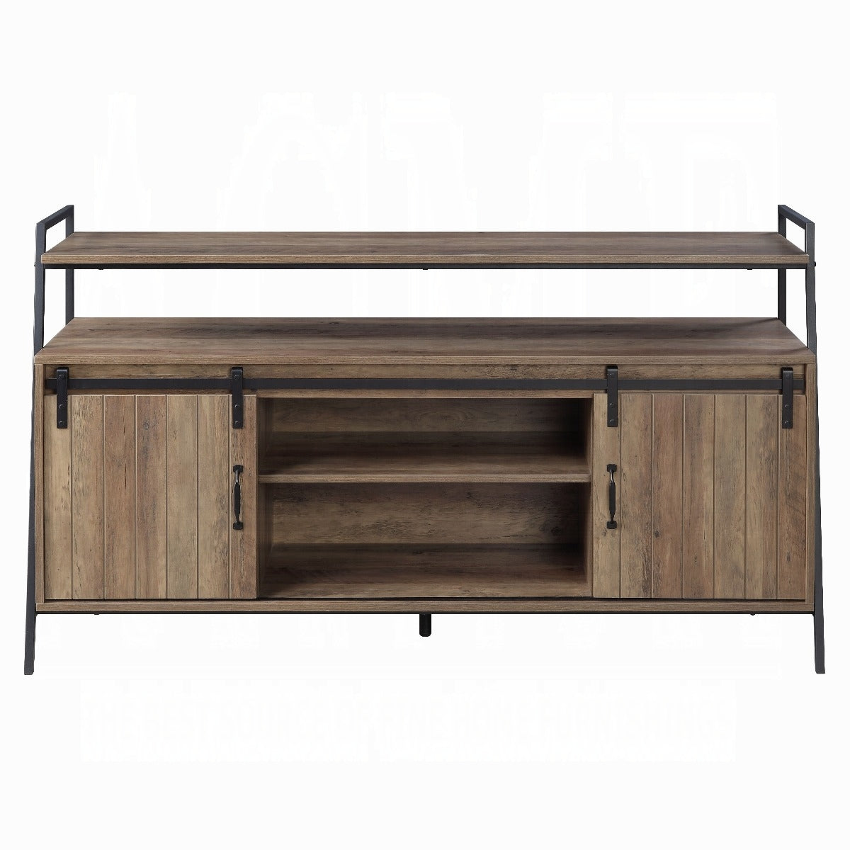 Rustic wood TV stand with sliding barn doors and metal frame