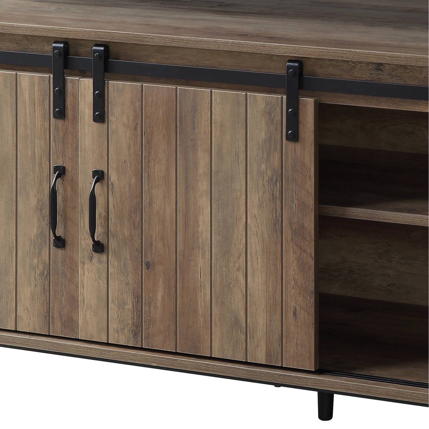 Rustic brown wooden barn door cabinet with black metal hardware and open shelving
