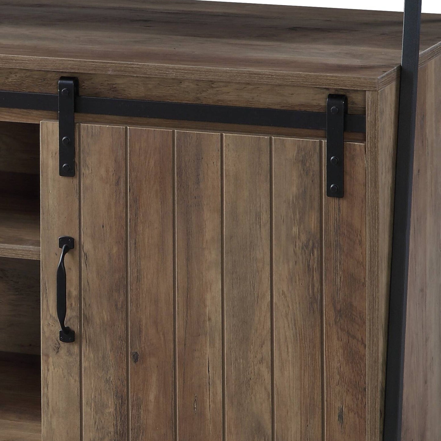 Rustic brown wood barn door cabinet with black metal hardware and handle