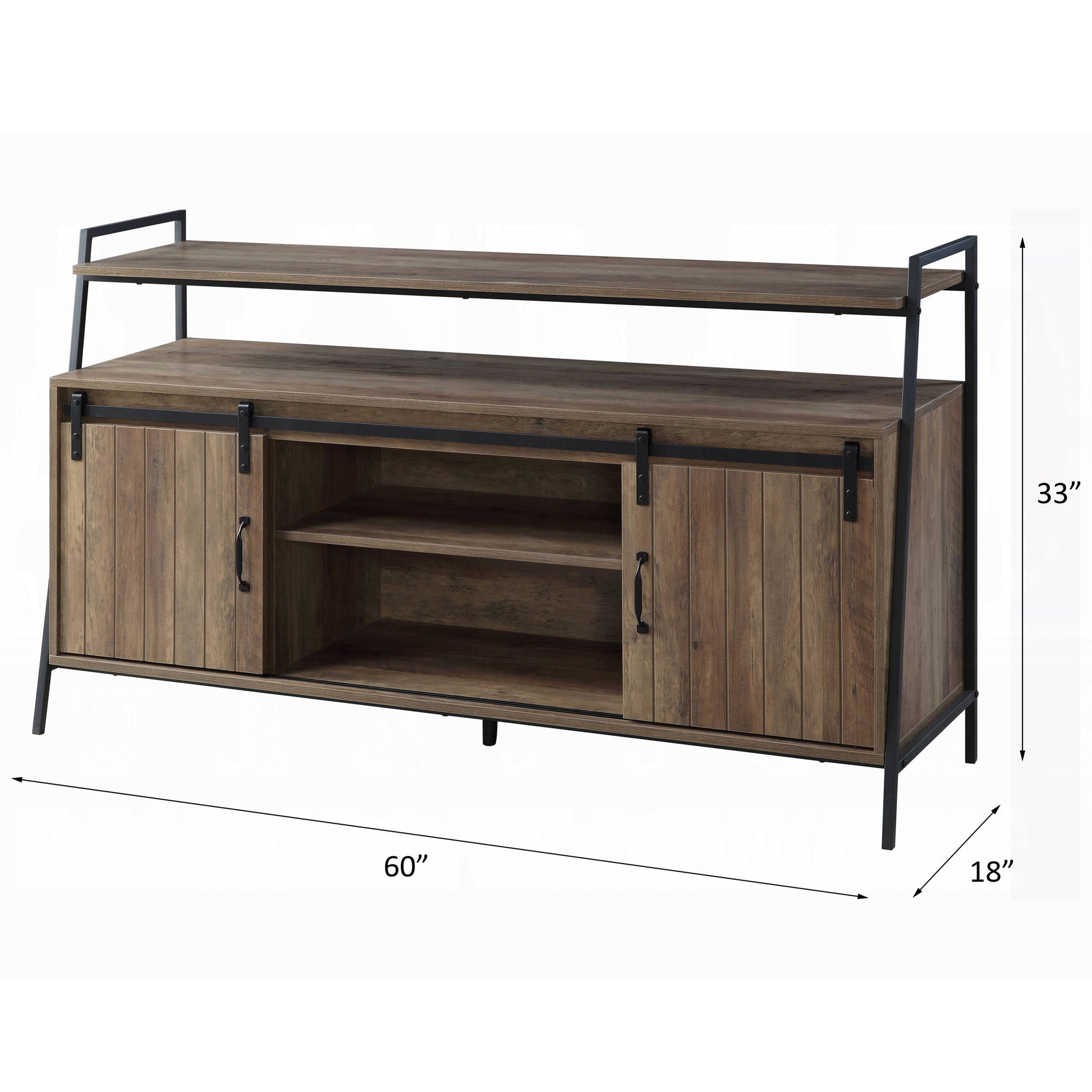 Rustic brown wood TV stand with black metal frame and sliding barn doors  inches wide