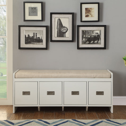White entryway bench with four drawers and upholstered seat cushion