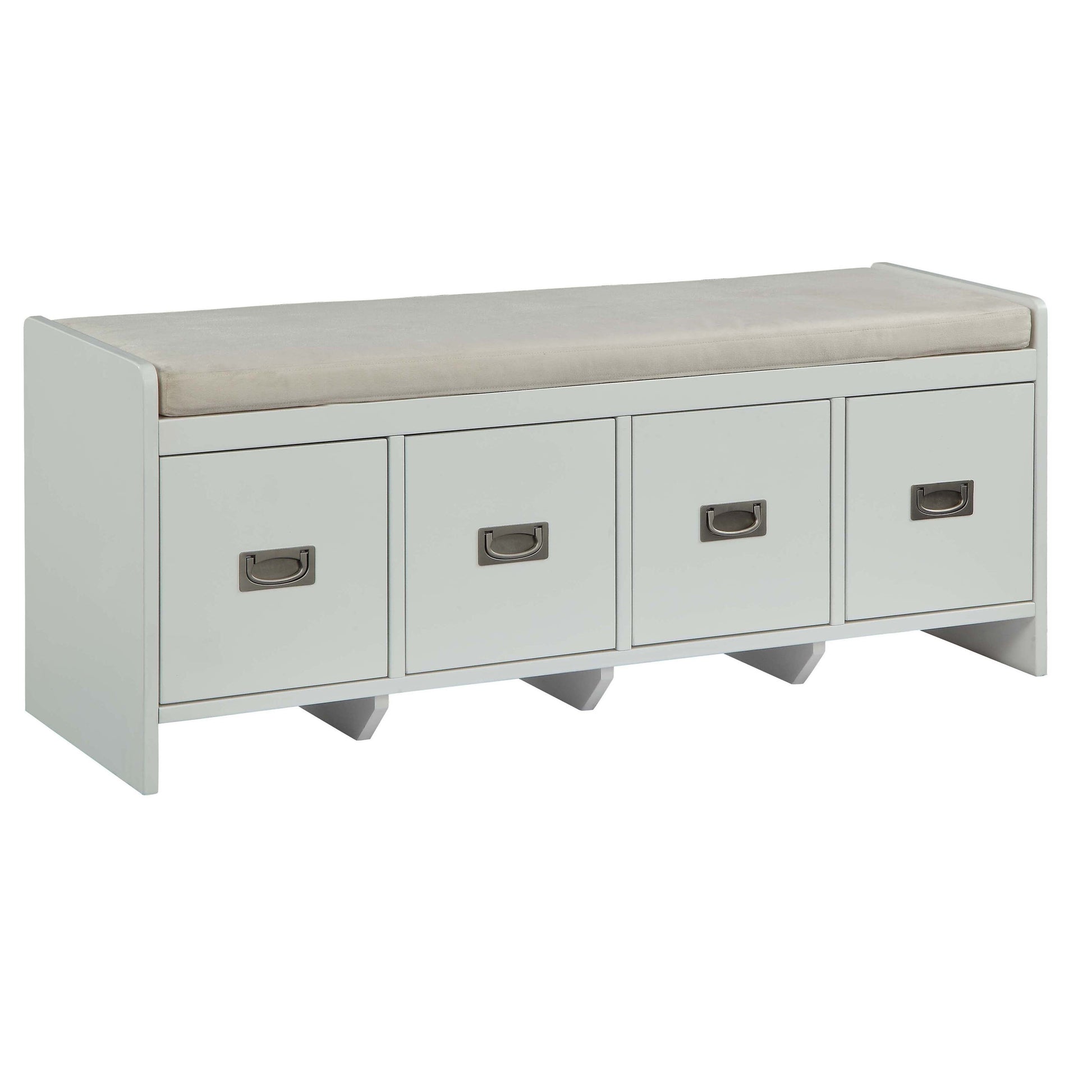 Light grey storage bench with upholstered seat and four drawer fronts