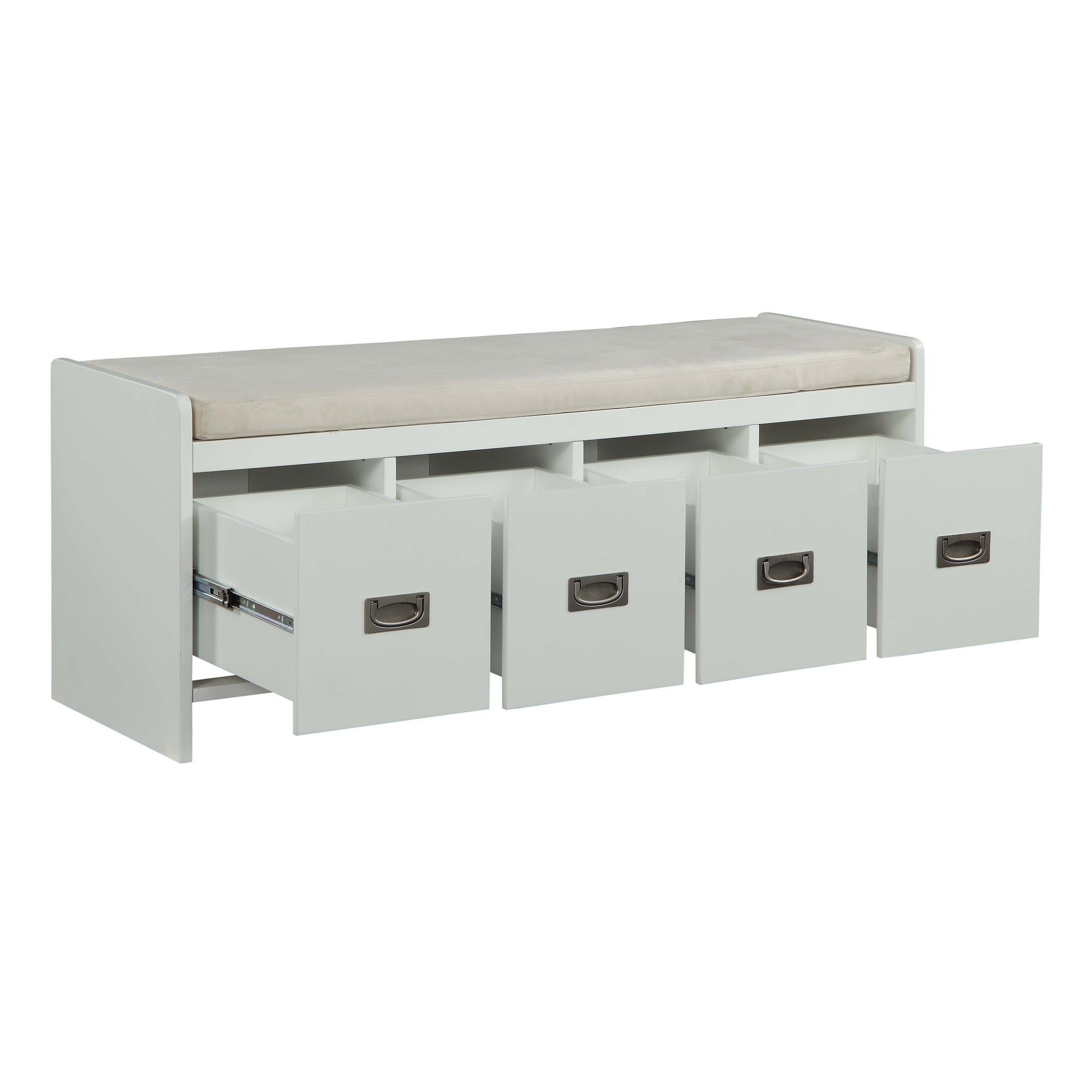 White entryway bench with four open storage drawers and a padded seat