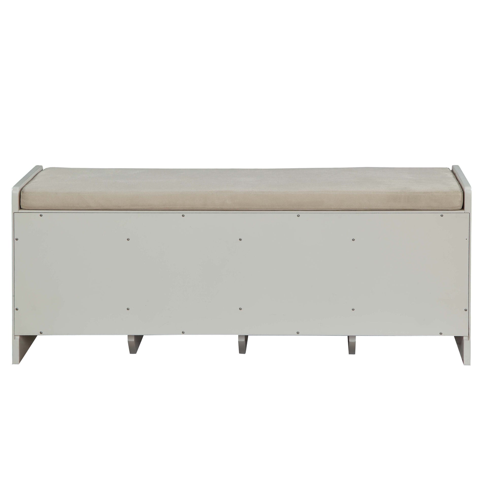 Storage bench with beige upholstered seat and white frame perfect for entryways