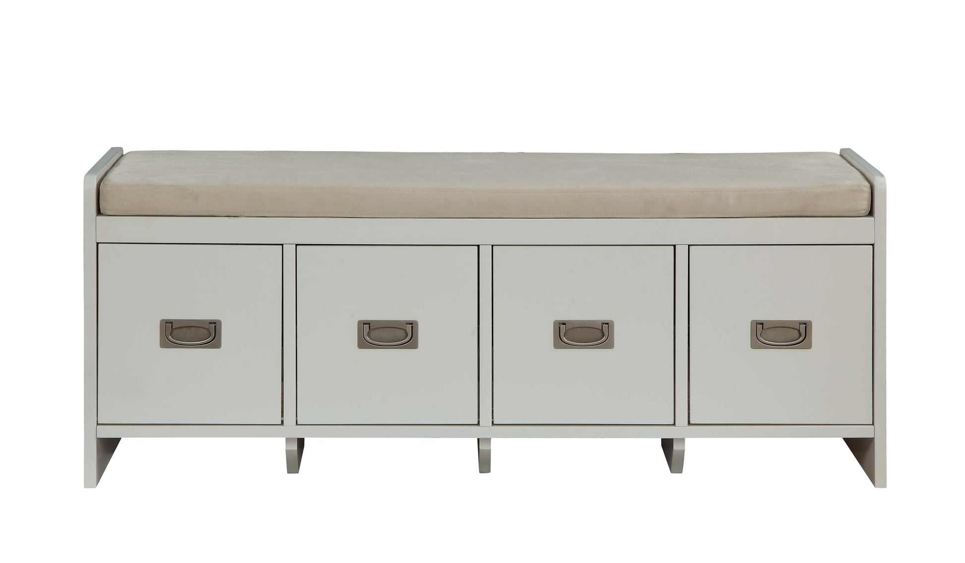 White entryway bench with upholstered cushion and four storage drawers with Dring pulls