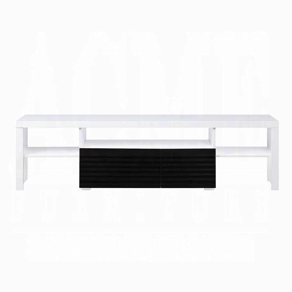 Sleek white TV stand with a modern black ribbed drawer facade and open shelving