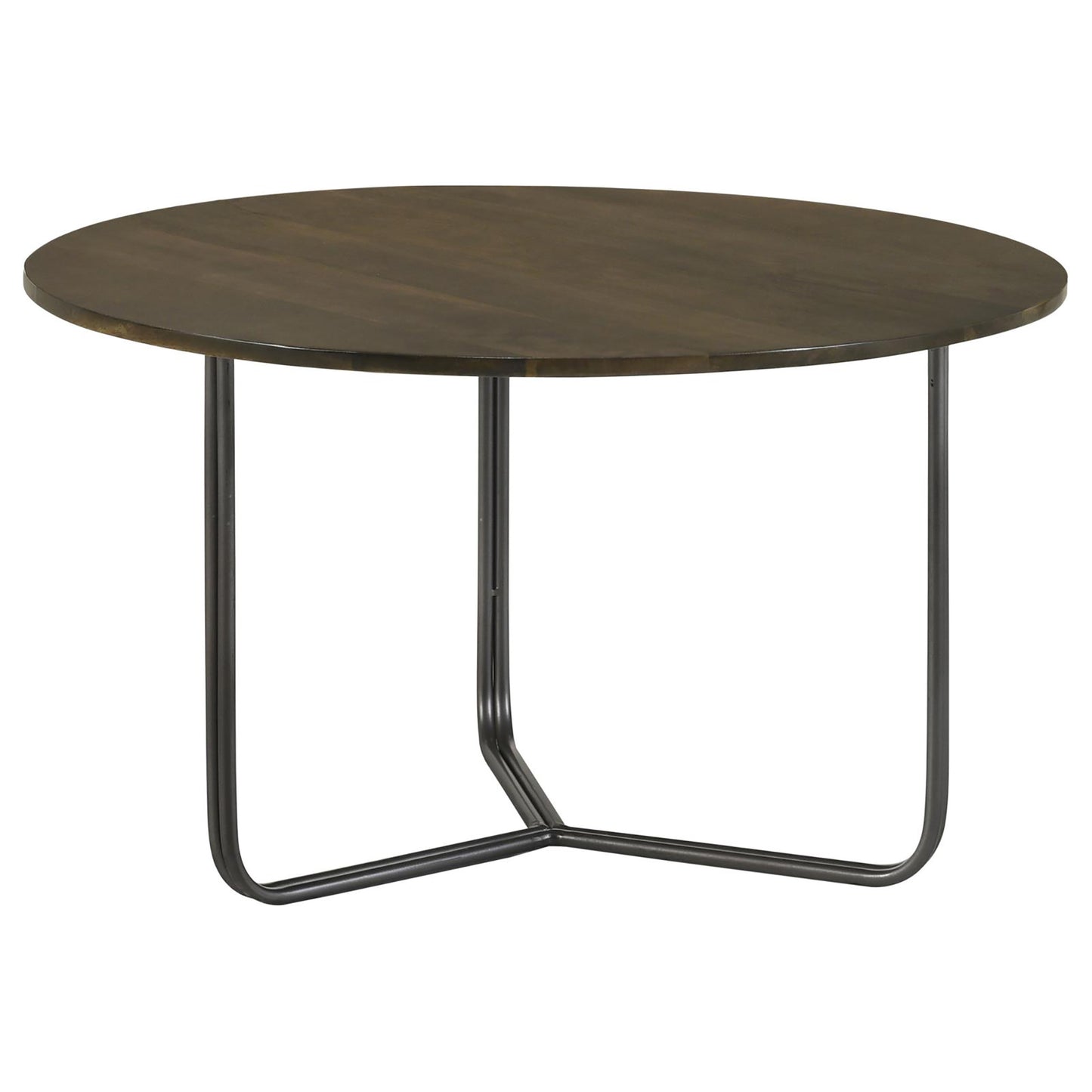 Round coffee table with dark wood top and minimalist black metal base