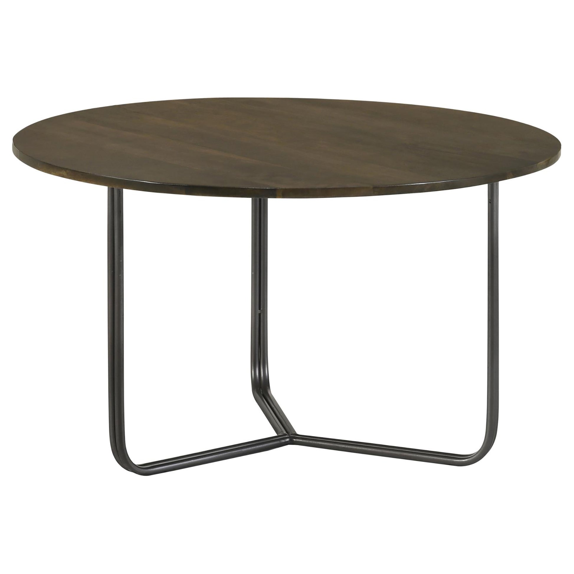Round coffee table with dark wood top and minimalist black metal base
