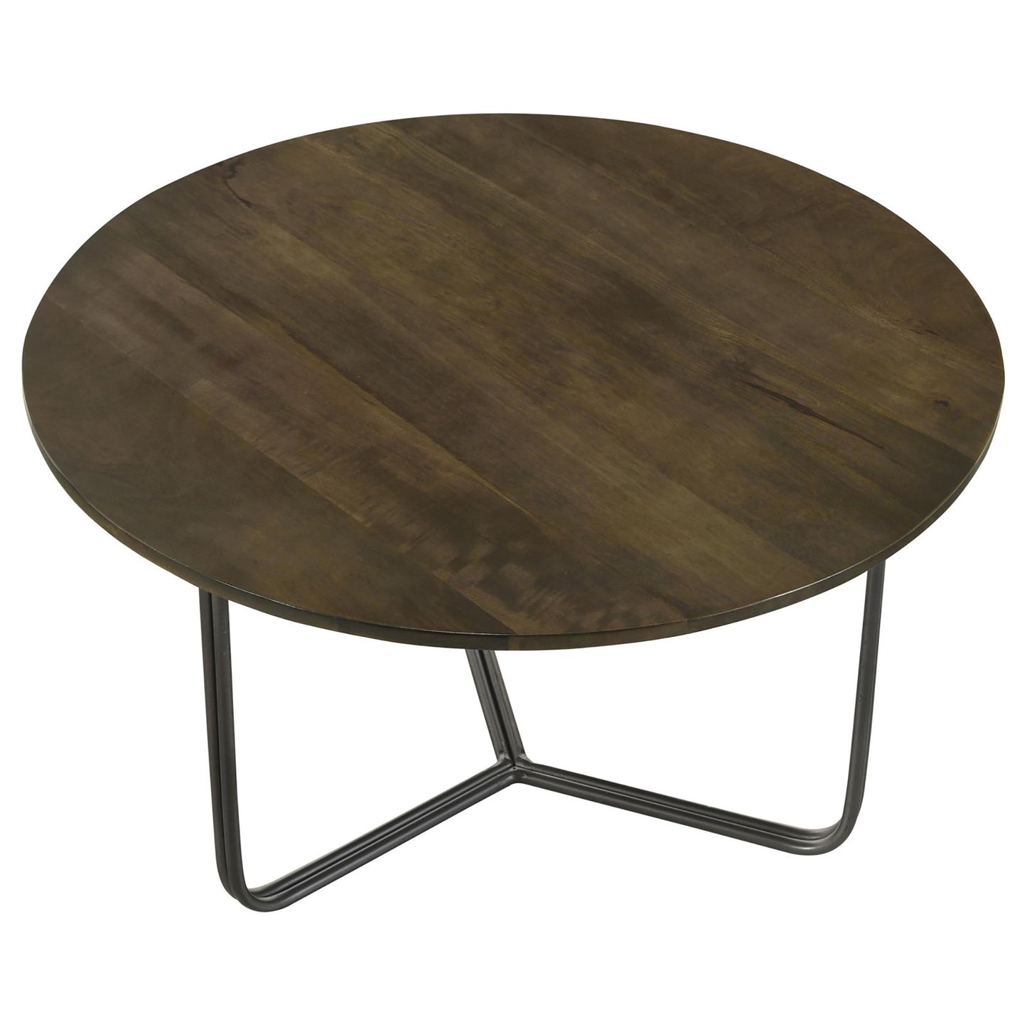 Round dark wood coffee table with metal hairpin legs