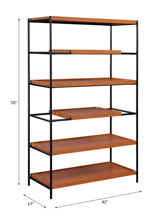 Tall tier metal bookshelf with wood shelves in a rich cherry finish