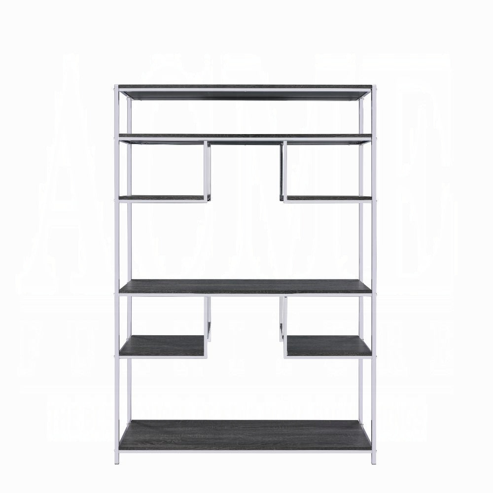 Modern gray wood and chrome shelving unit with asymmetrical compartments