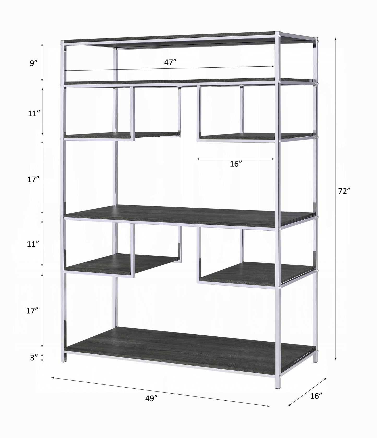 Modern silver and dark wood open shelving unit with varied shelf heights and dimensions