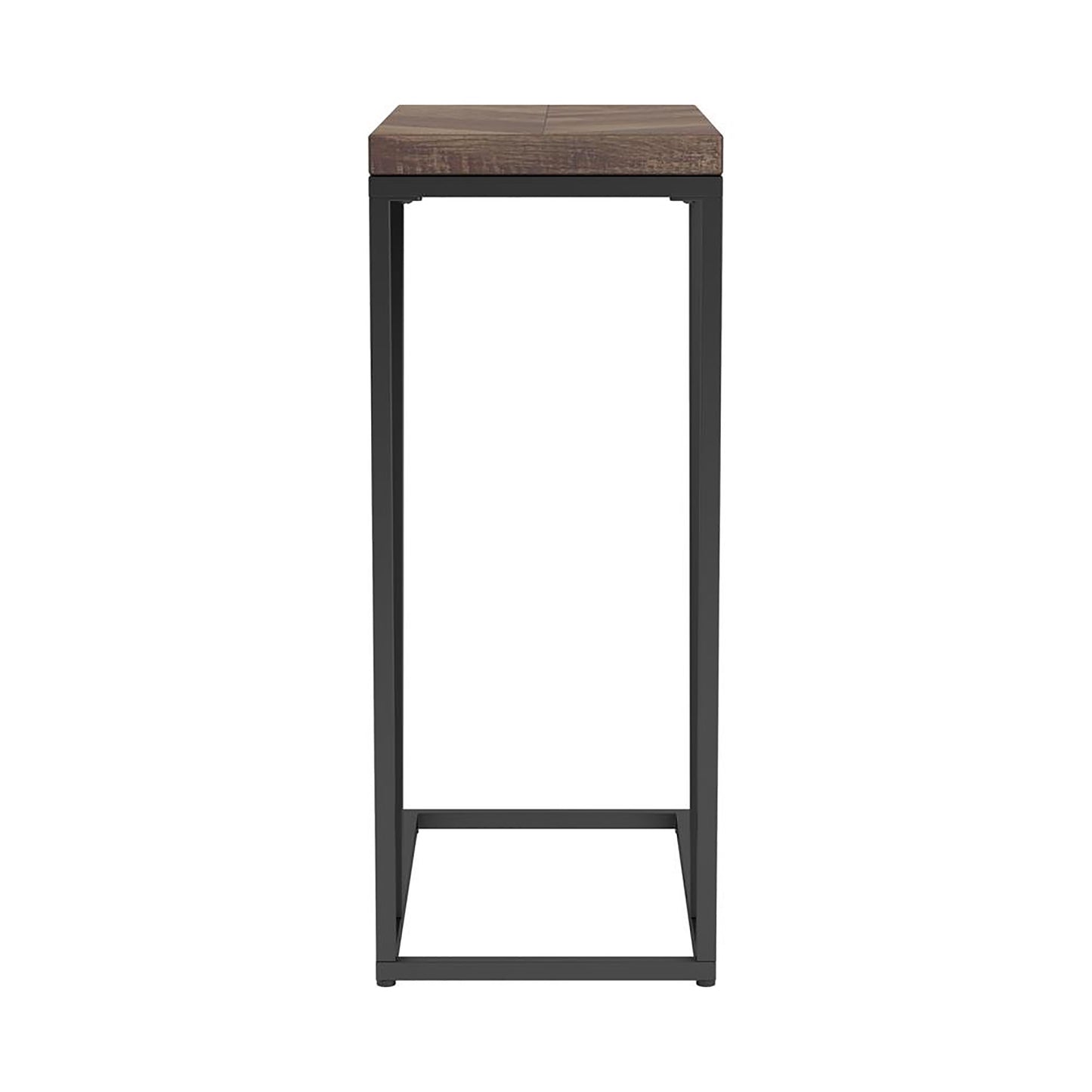 Tall modern end table with rustic wood top and black metal frame