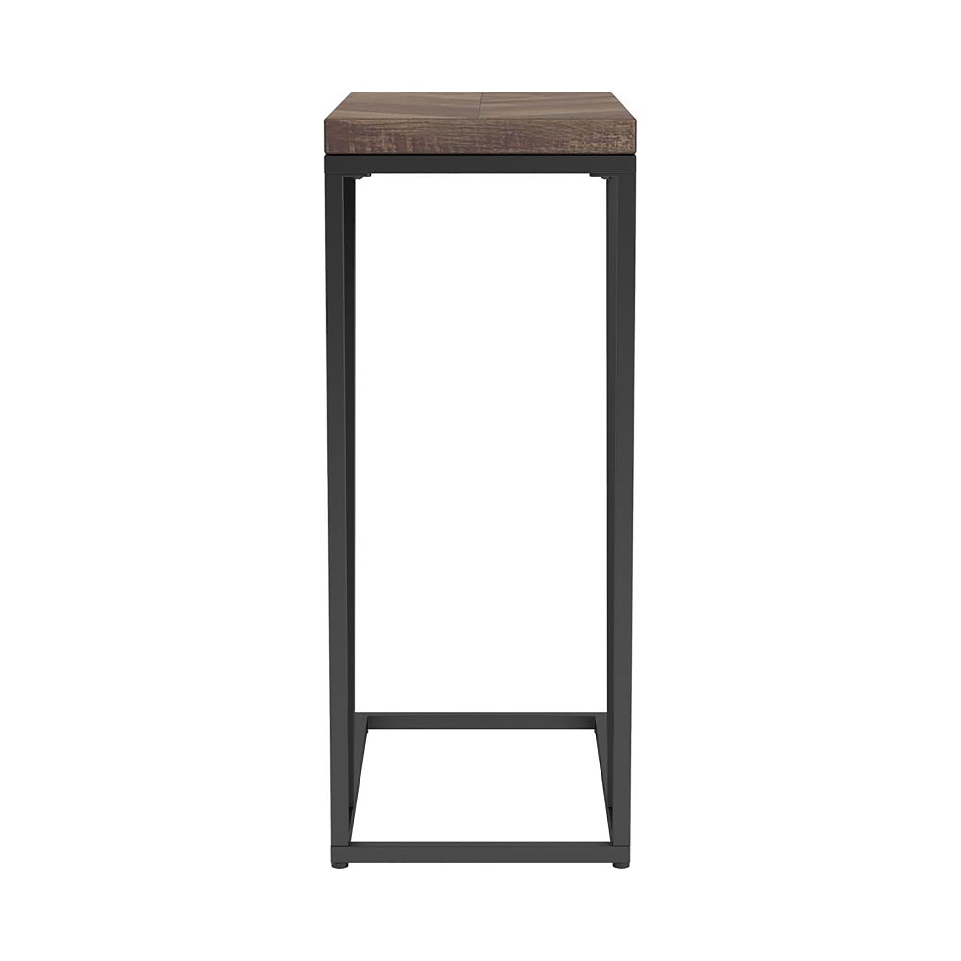 Tall modern end table with rustic wood top and black metal frame