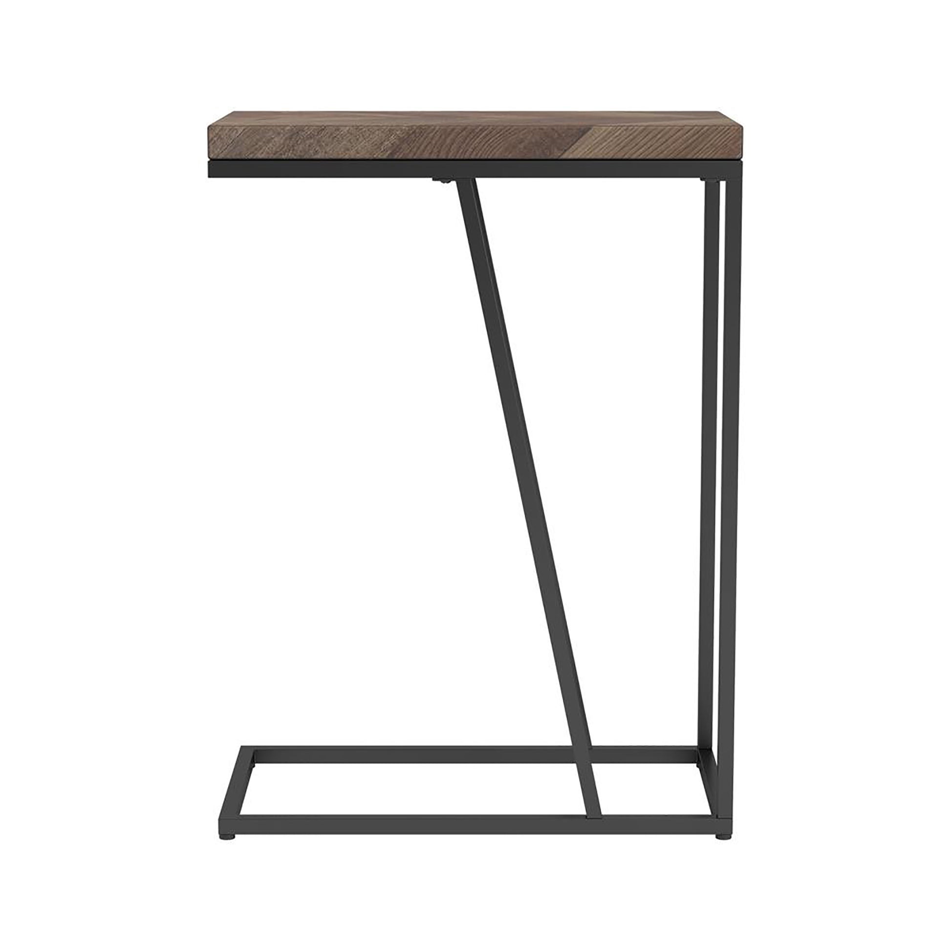 Modern C table with reclaimed wood top and black metal frame perfect for small spaces