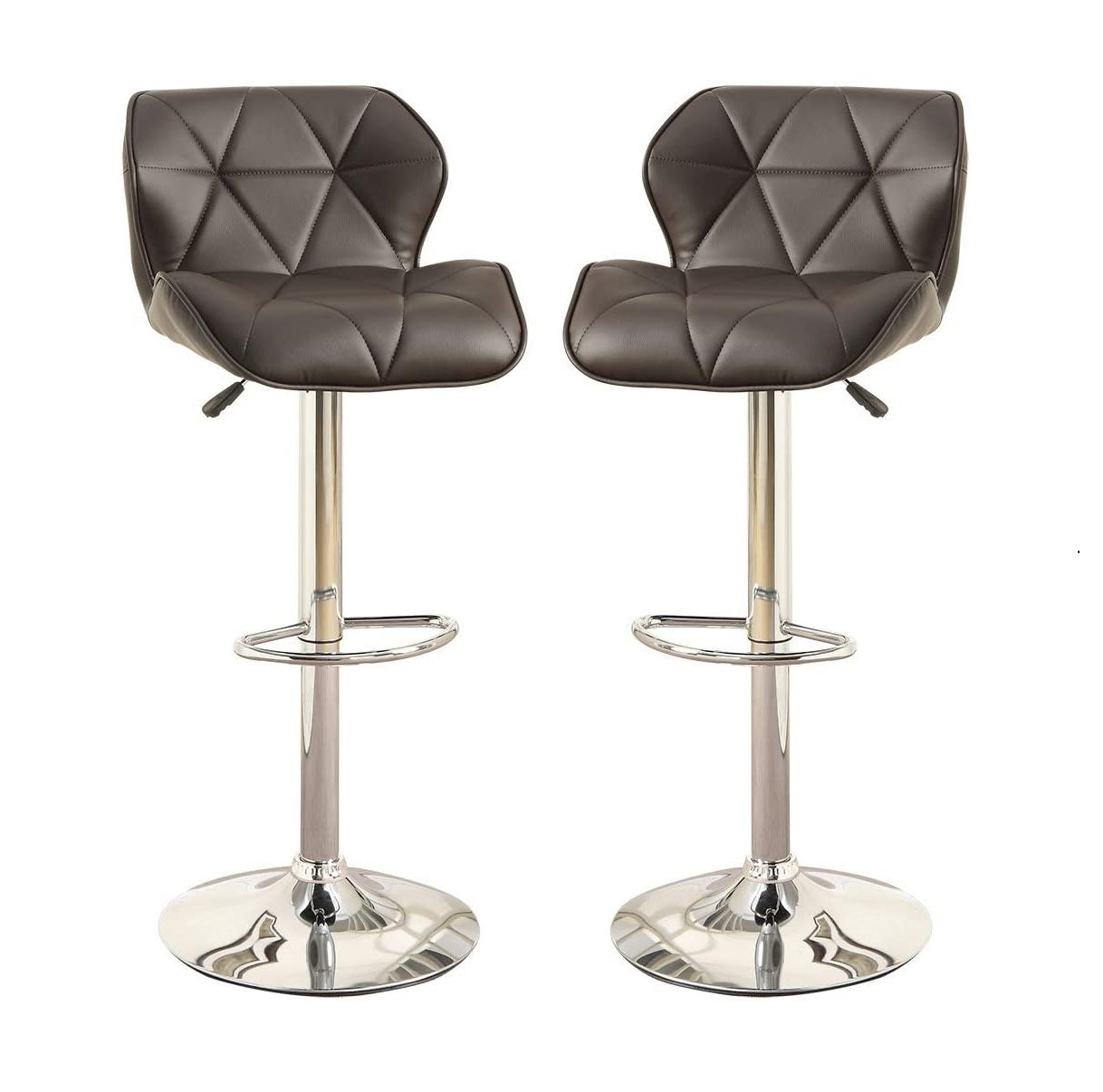 Two brown faux leather bar stools with diamond stitching and chrome bases