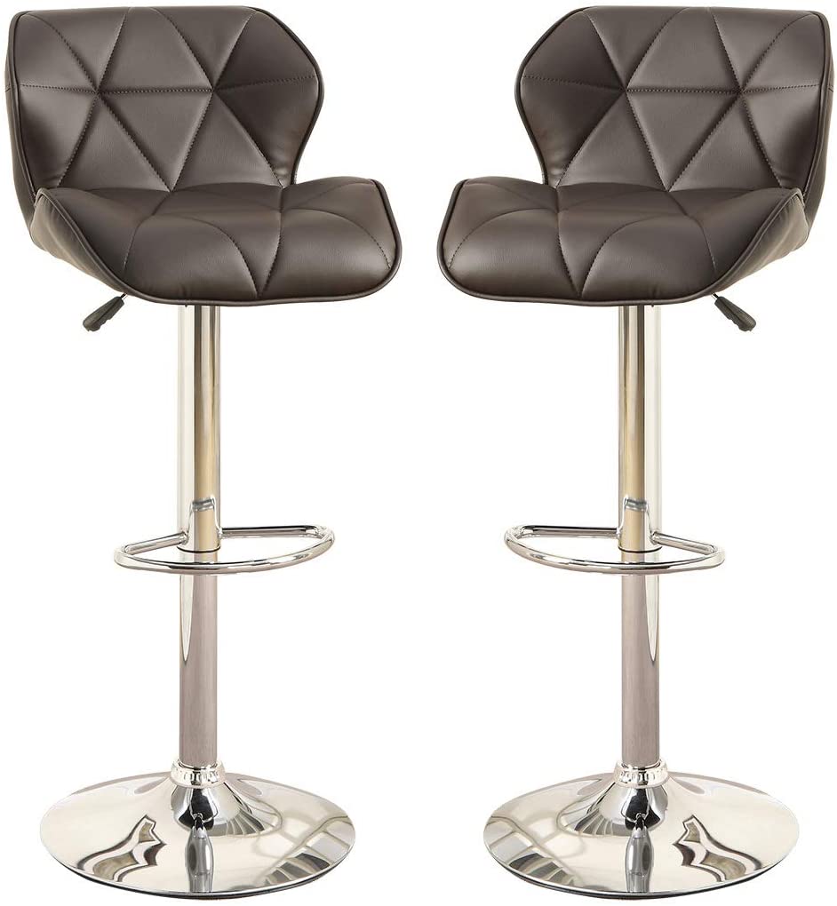 Two modern brown faux leather bar stools with diamond tufting and chrome bases