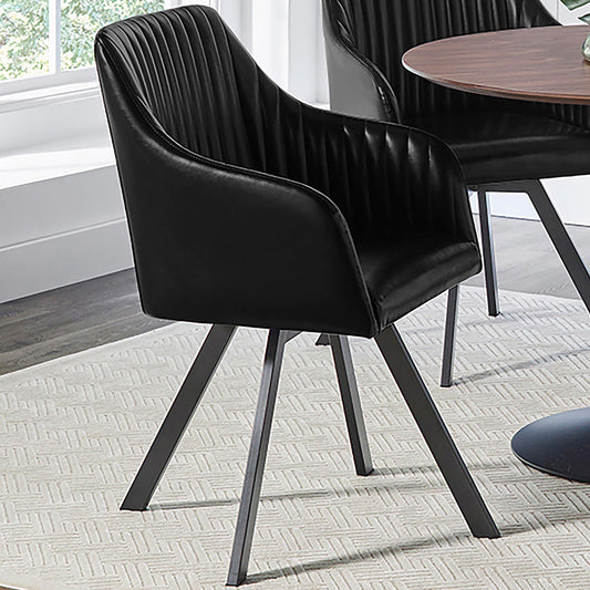 Black faux leather accent chair with channel tufting and dark metal legs