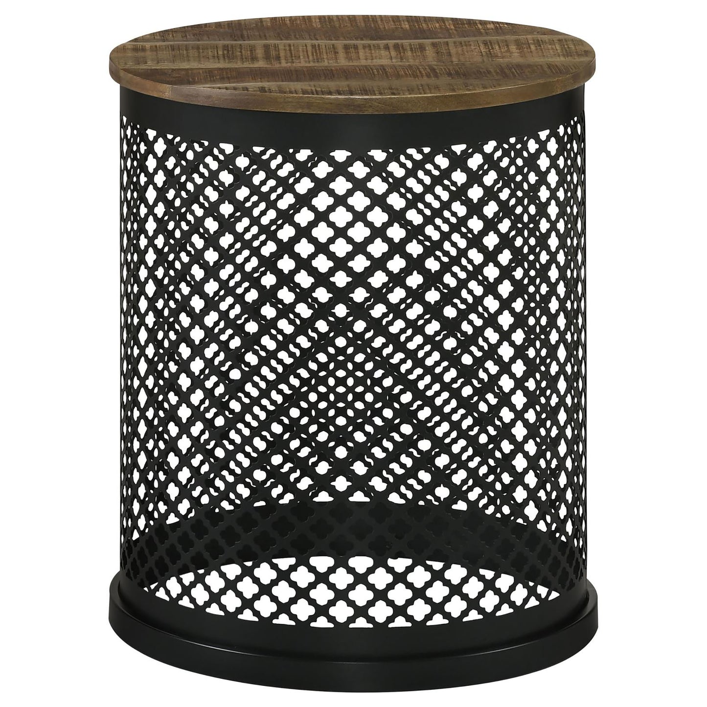 Rustic wooden top accent table with black metal lattice base and quatrefoil pattern