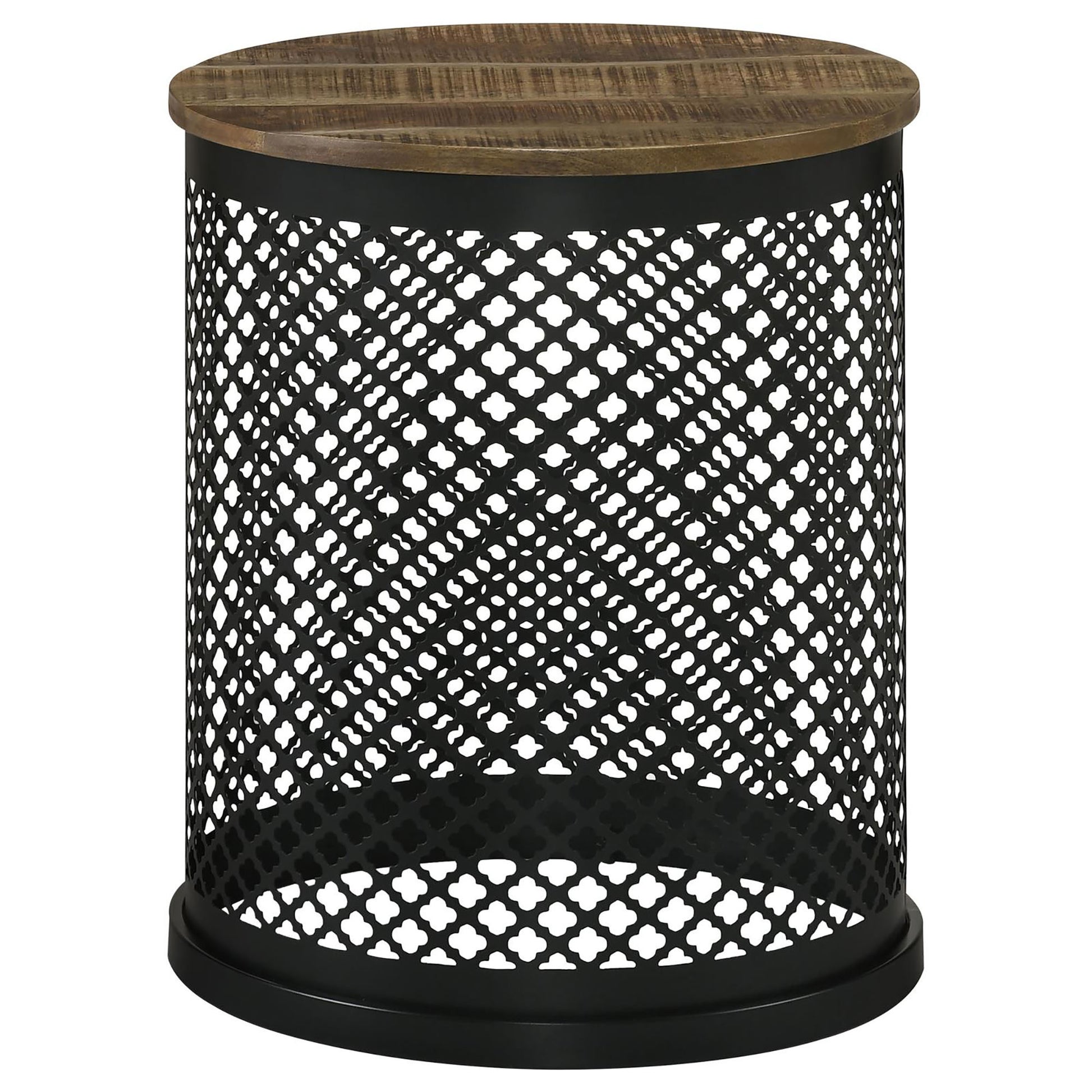 Rustic wooden top accent table with black metal lattice base and quatrefoil pattern