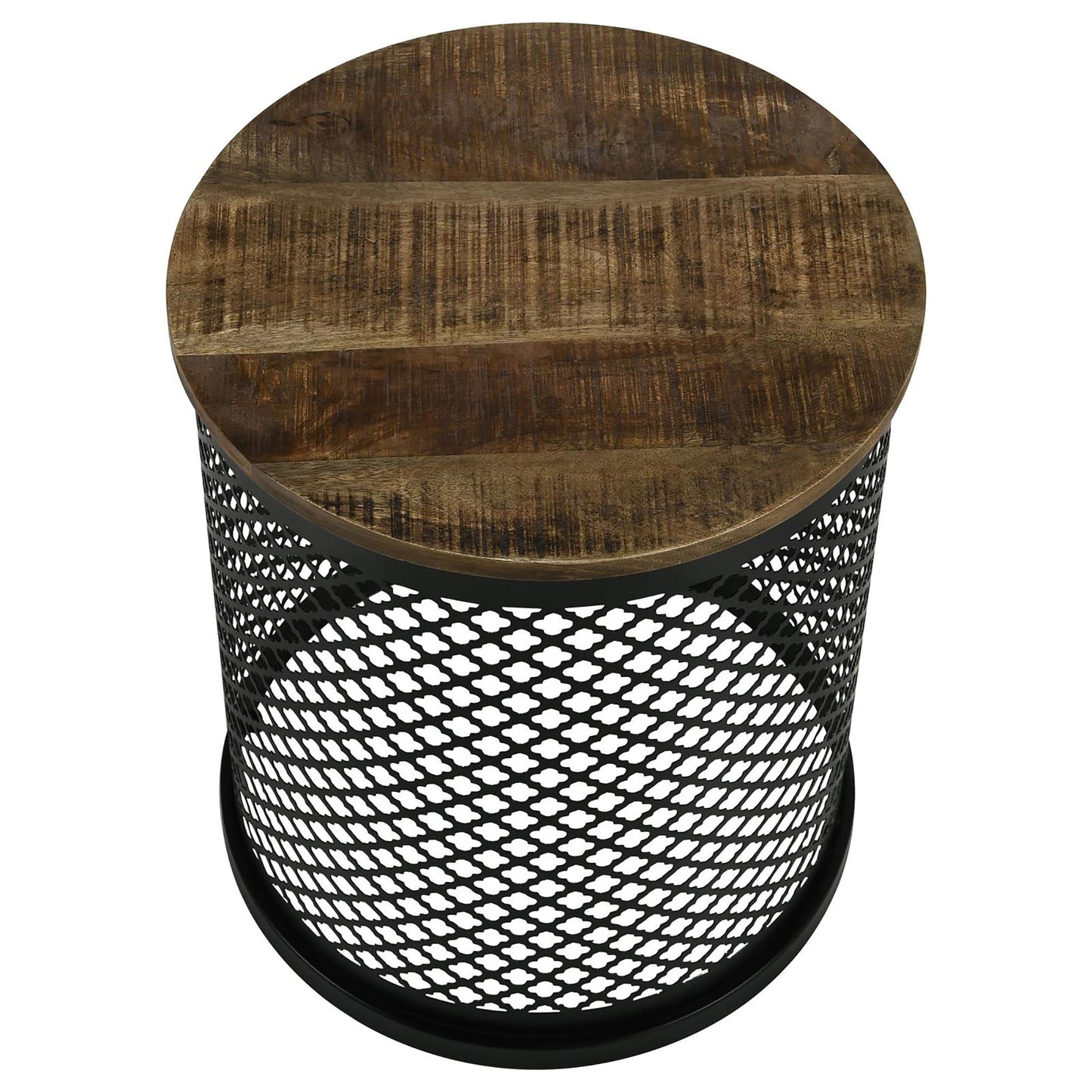 Round rustic side table with distressed wood top and black mesh metal base
