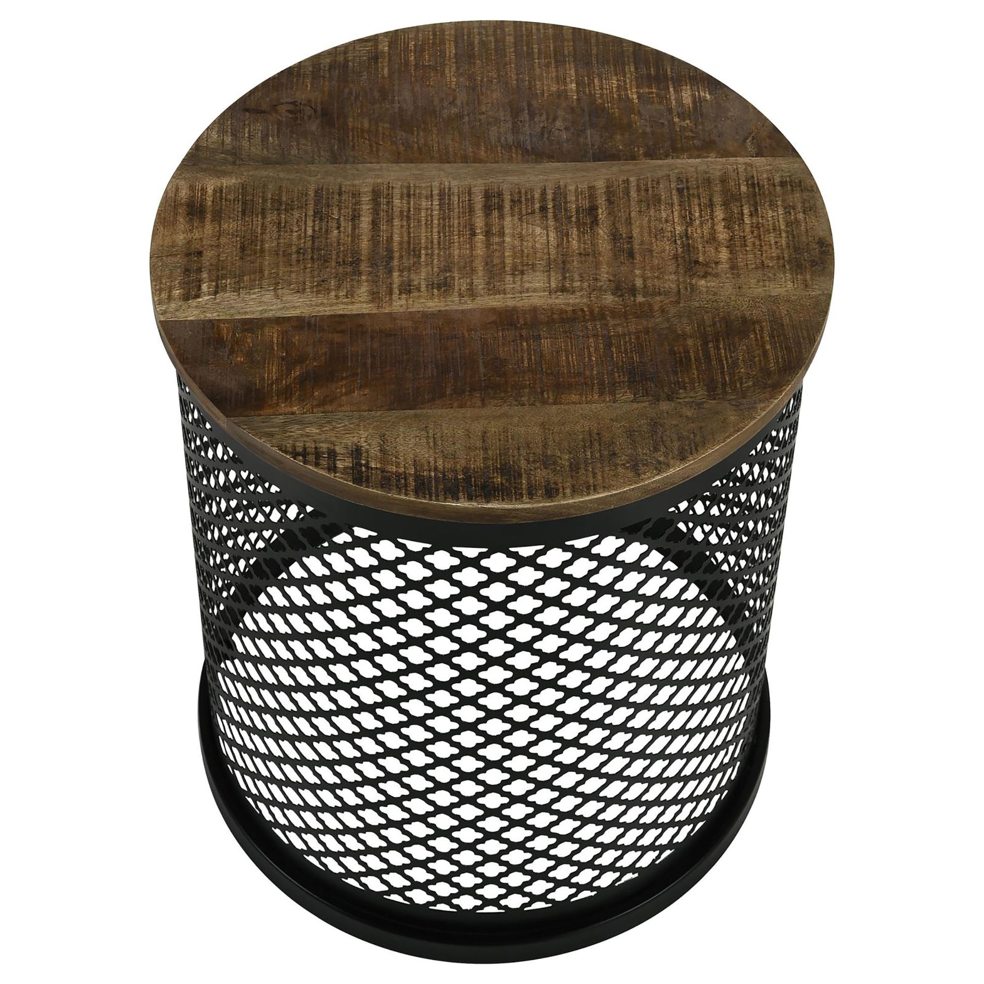 Round rustic side table with distressed wood top and black mesh metal base